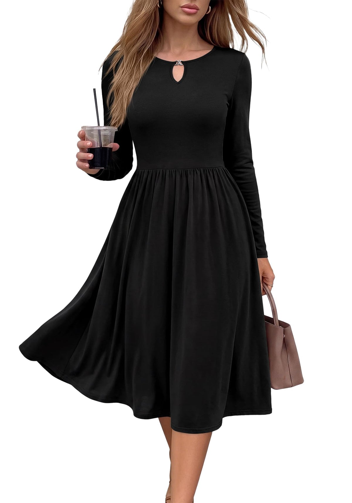 FreshPretty Fall Dresses for Women Midi Empire Waist Long Sleeve Dress,Lightweight Soft Knit,Flowy A Line Keyhole Crewneck Pleated Business Casual Teacher Outfits,Dressy Wedding Daily With Pockets