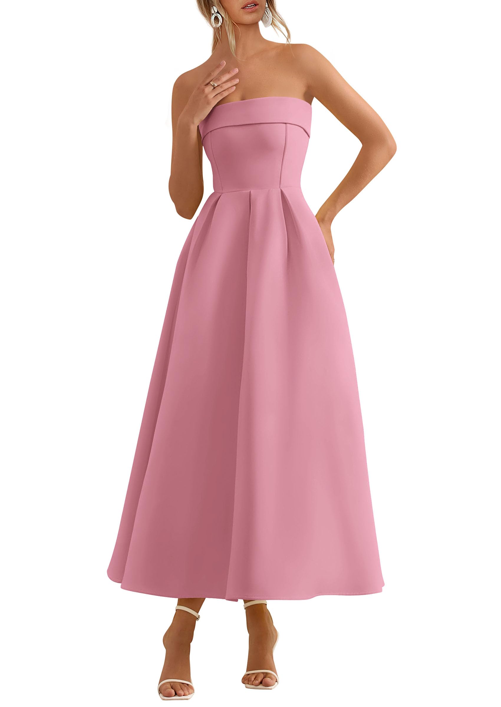 PRETTYGARDEN Cocktail Dresses for Women Summer Formal Elegant Tube Top Strapless Spring Wedding Guest Party Midi Dress