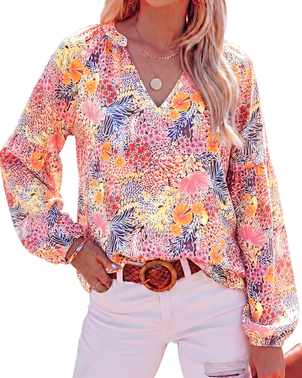 BTFBM Blouses for Women Dressy Casual Floral Summer Boho Tops V Neck Lightweight Long Sleeve Shirts Spring Clothes