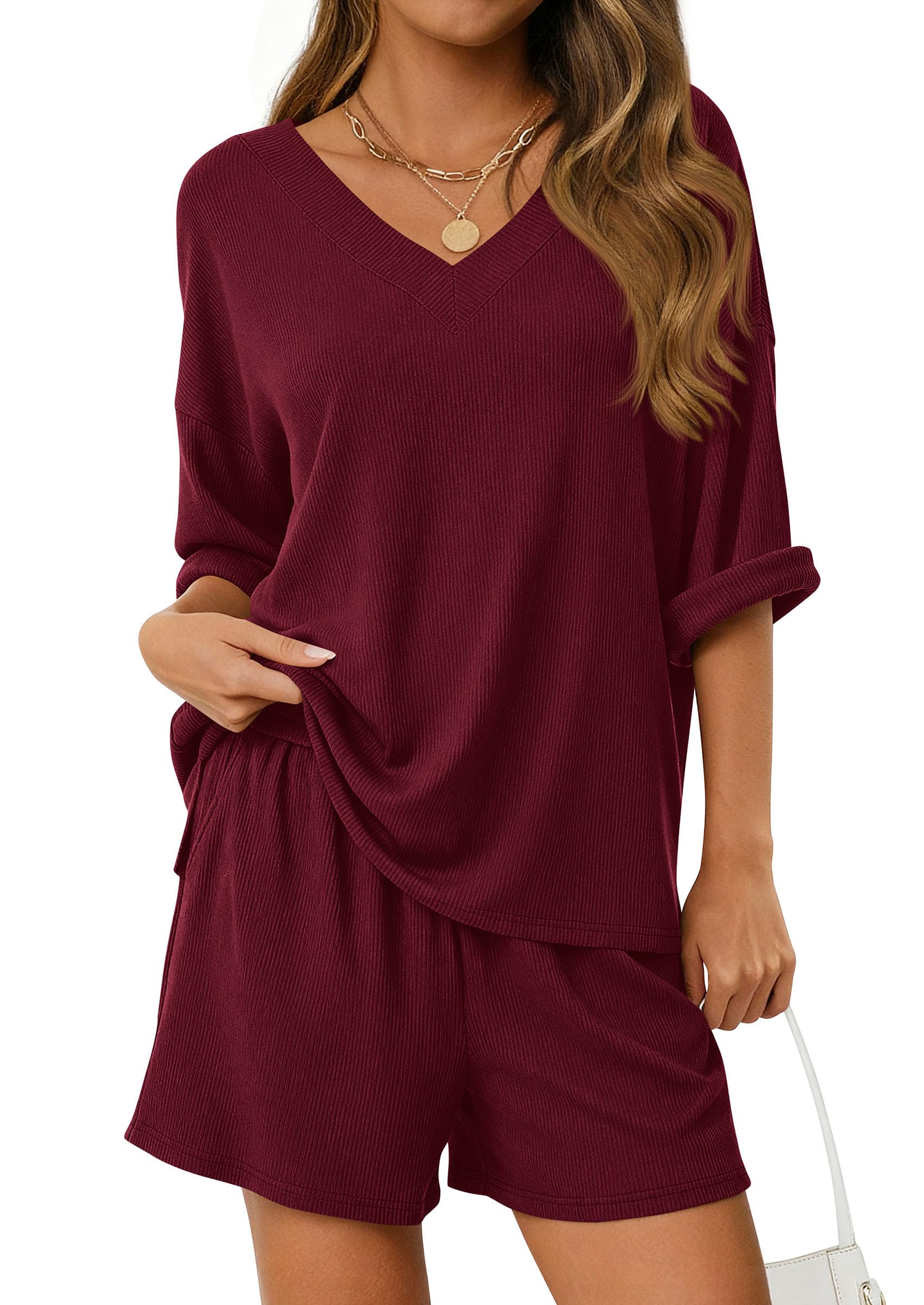 PRETTYGARDEN Womens 2 Piece Sets Summer Oversized Vneck Half Sleeve Tops Shorts Lounge Set Casual Travel Airport Outfits