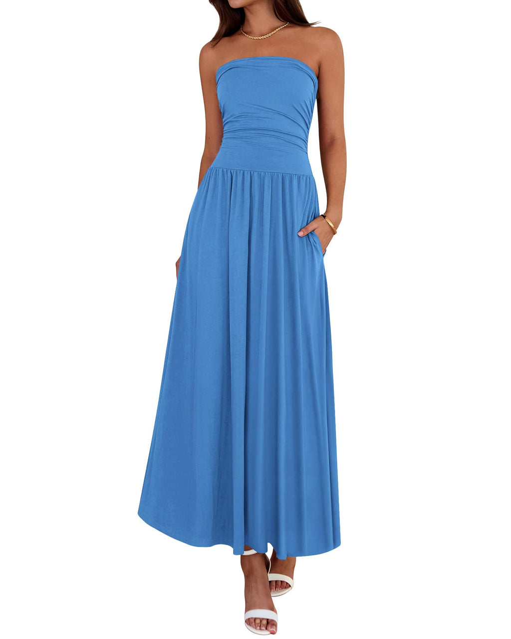 BTFBM Summer Maxi Dresses for Women Strapless Ruched Tube Top Beach Vacation Spring Wedding Guest Dress Pockets