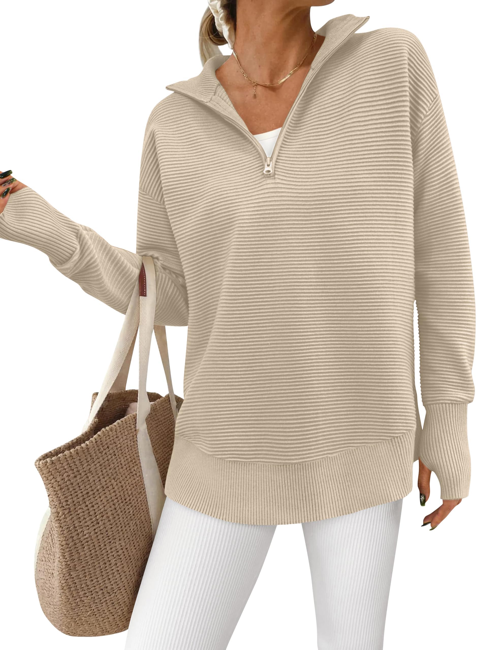 PRETTYGARDEN Womens Long Sleeve Quarter Zip Pullover Sweater Casual Loose V Neck Collared Ribbed Knit Jumper Tops Thumb Hole