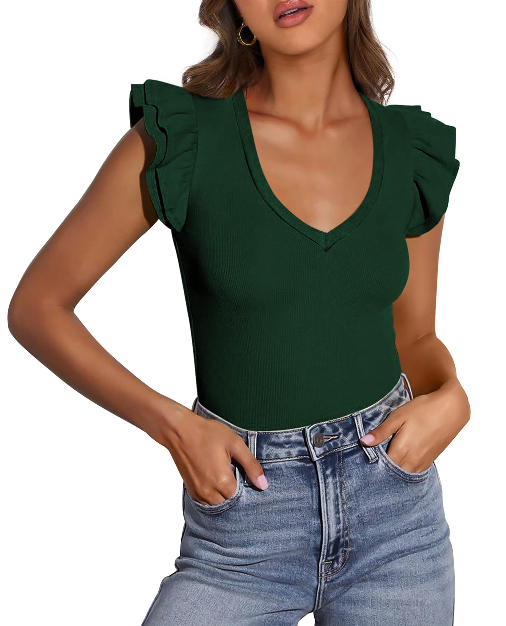 PRETTYGARDEN Womens V Neck Summer Tops Ruffle Sleeveless Slim Fit T Shirts Going Out Casual Blouses