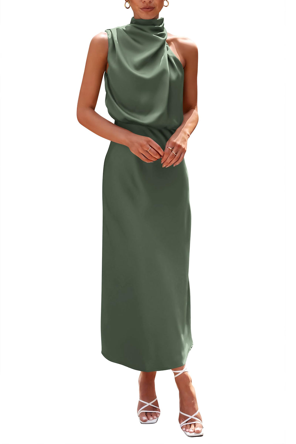 PRETTYGARDEN Women's Summer Satin Dress Elegant Sleeveless Mock Neck Cocktail Party Maxi Dresses