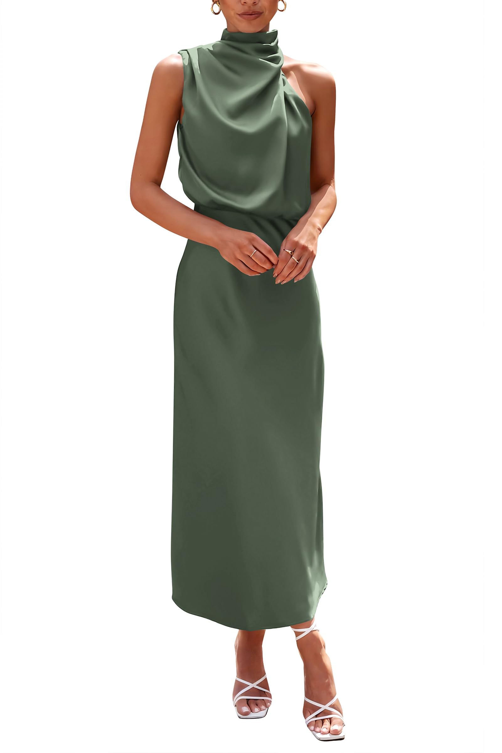 PRETTYGARDEN Women's Summer Satin Dress Elegant Sleeveless Mock Neck Cocktail Party Maxi Dresses