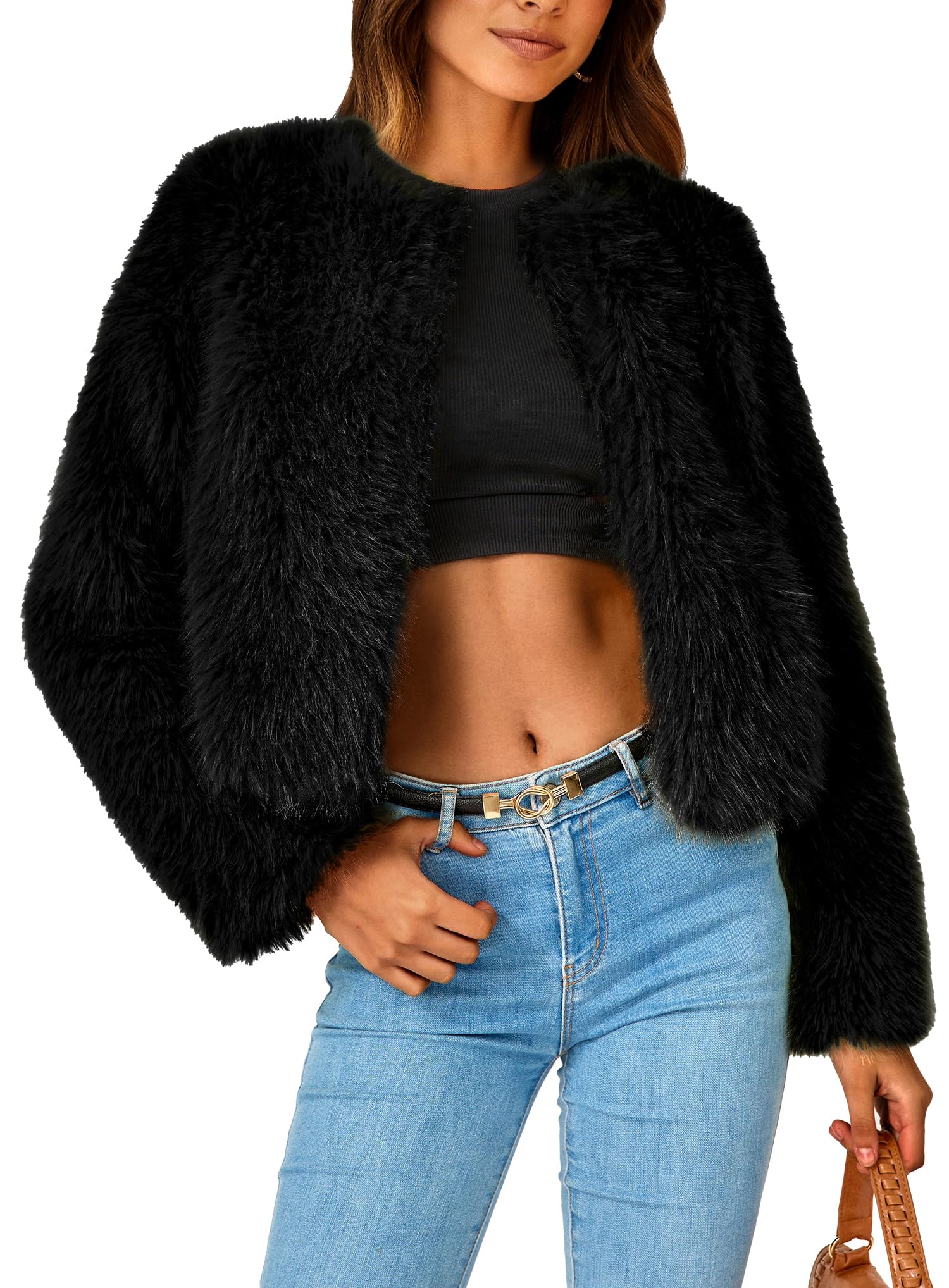 PRETTYGARDEN Women's Winter Coats Fleece Cropped Jacket Faux Fur Long Sleeve Pockets Shaggy Warm Outerwear Fall Clothes