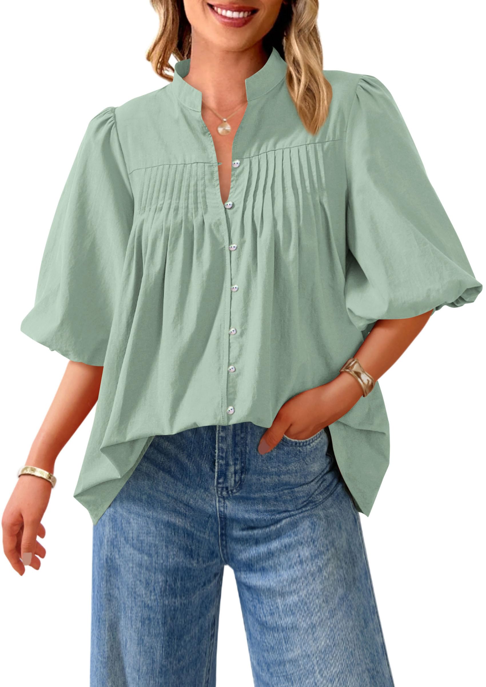 PRETTYGARDEN Women's  Summer Short Lantern Sleeve Tops Loose Fit Button Down Shirt Pleated V Neck Blouses Trendy Clothes
