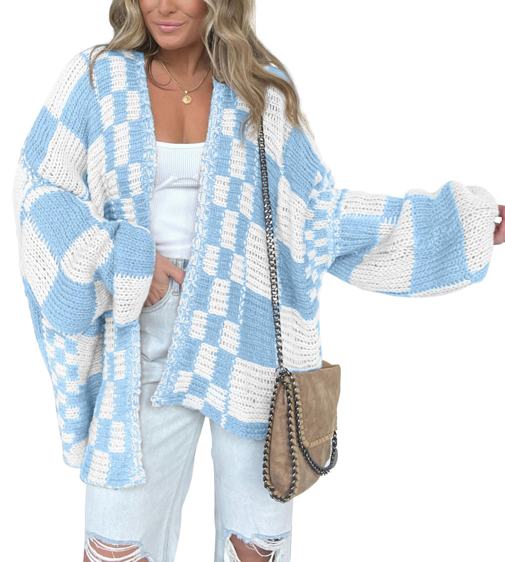 FreshPretty Casual Cardigan Sweater for Women Fall Long Sleeve Open Front Chunky Knit Sweaters Checkered Outwear Coat