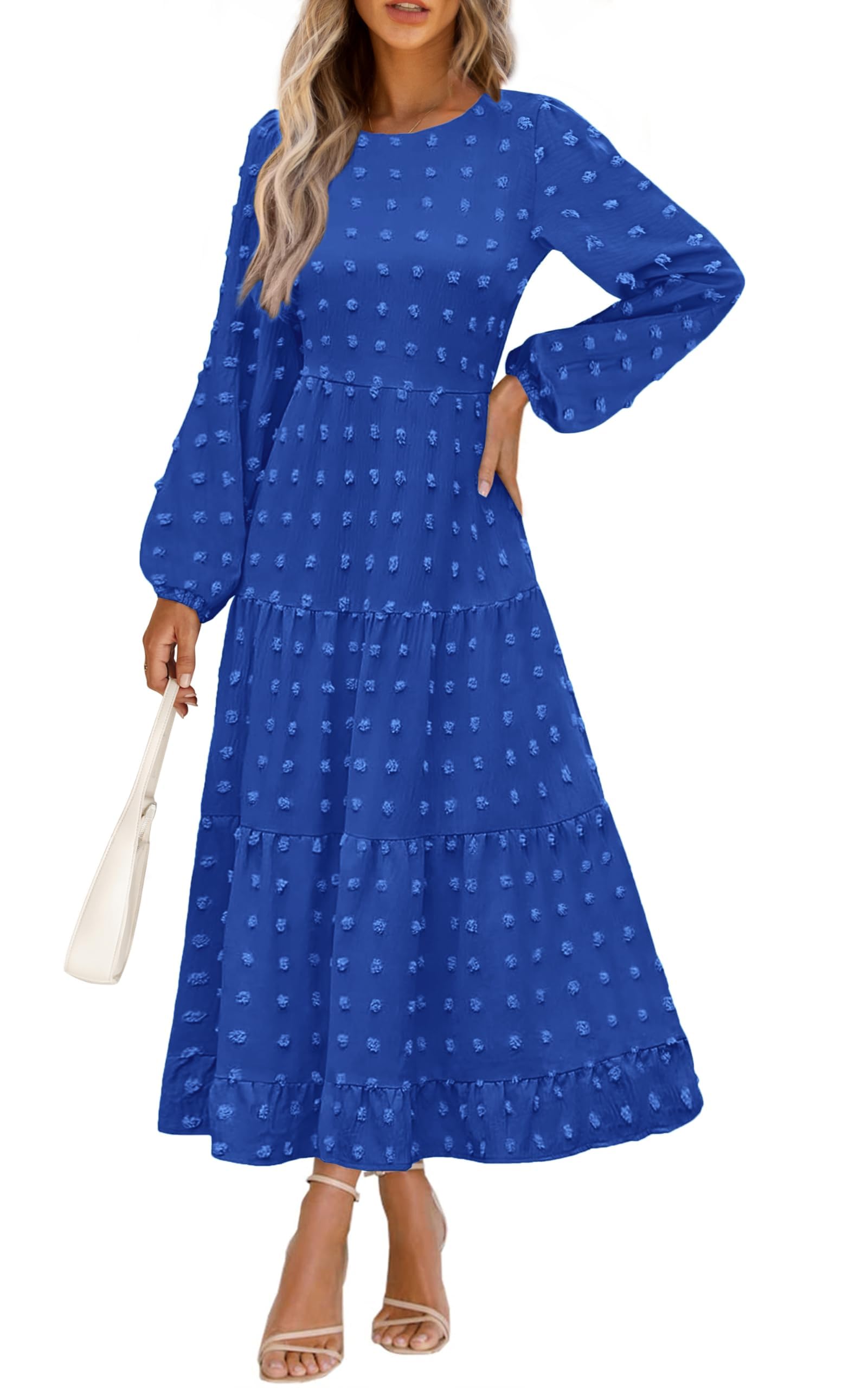 PRETTYGARDEN Women's Fall Spring Elegant Long Sleeve Maxi Dress Swiss Dot A Line Flowy Casual Holiday Party Going Out Dresses