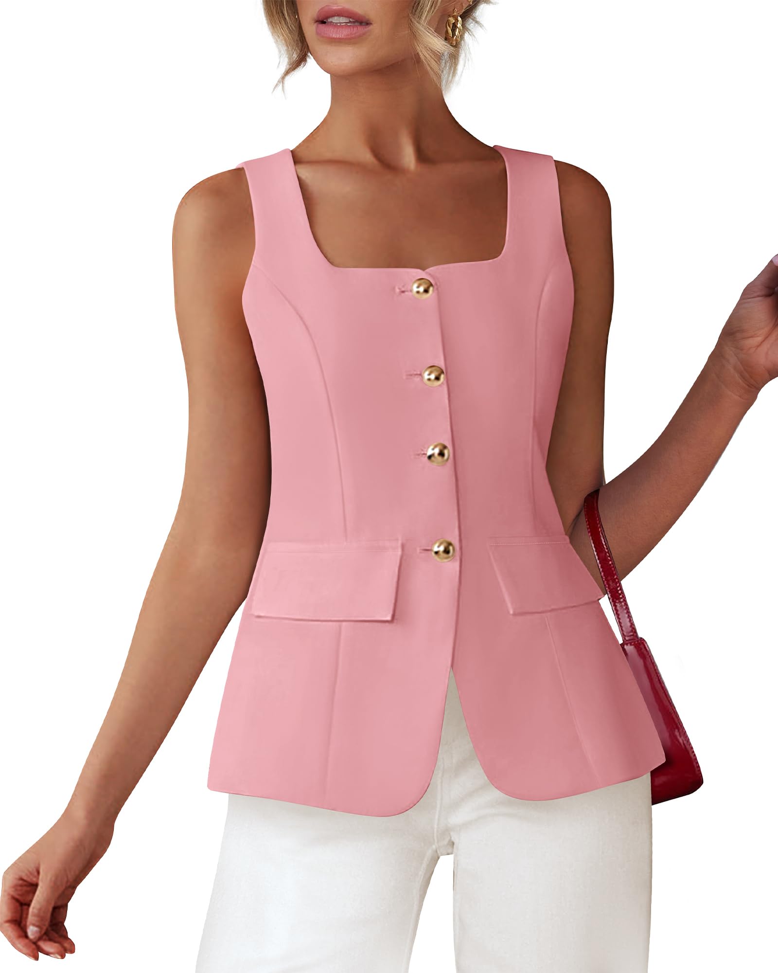BTFBM Womens Sleeveless Suit Vests Dressy Casual Square Neck Business Work Waistcoat Spring Button Blazer Vest Tops