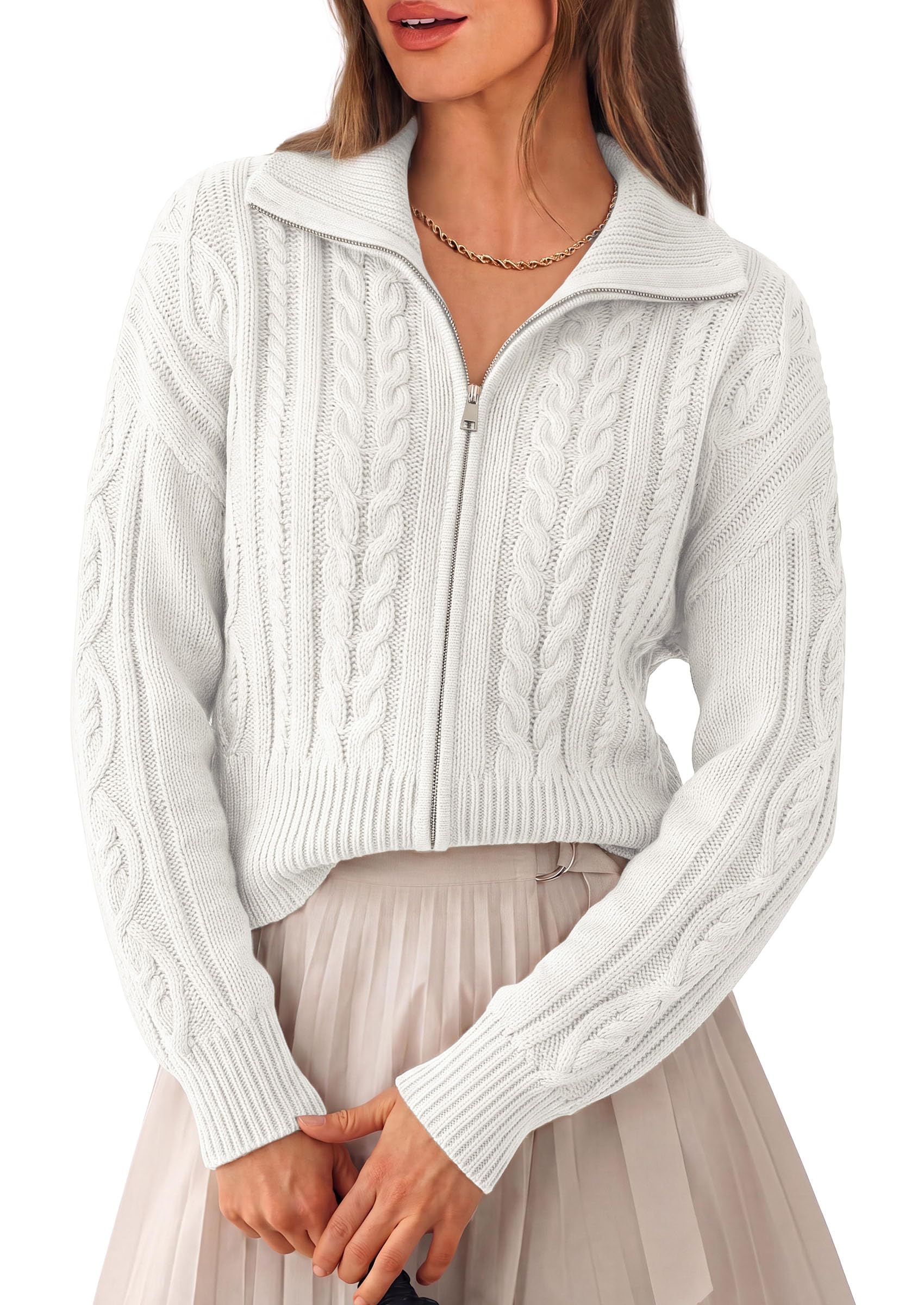 PRETTYGARDEN Women's Cable Knit Cropped Cardigan Sweaters Oversized Sweater, Long Sleeve Zip Up Jacket, Collared Neck, Ribbed Hem, Cozy Soft Casual Wear, Fall Clothes Winter Outerwear