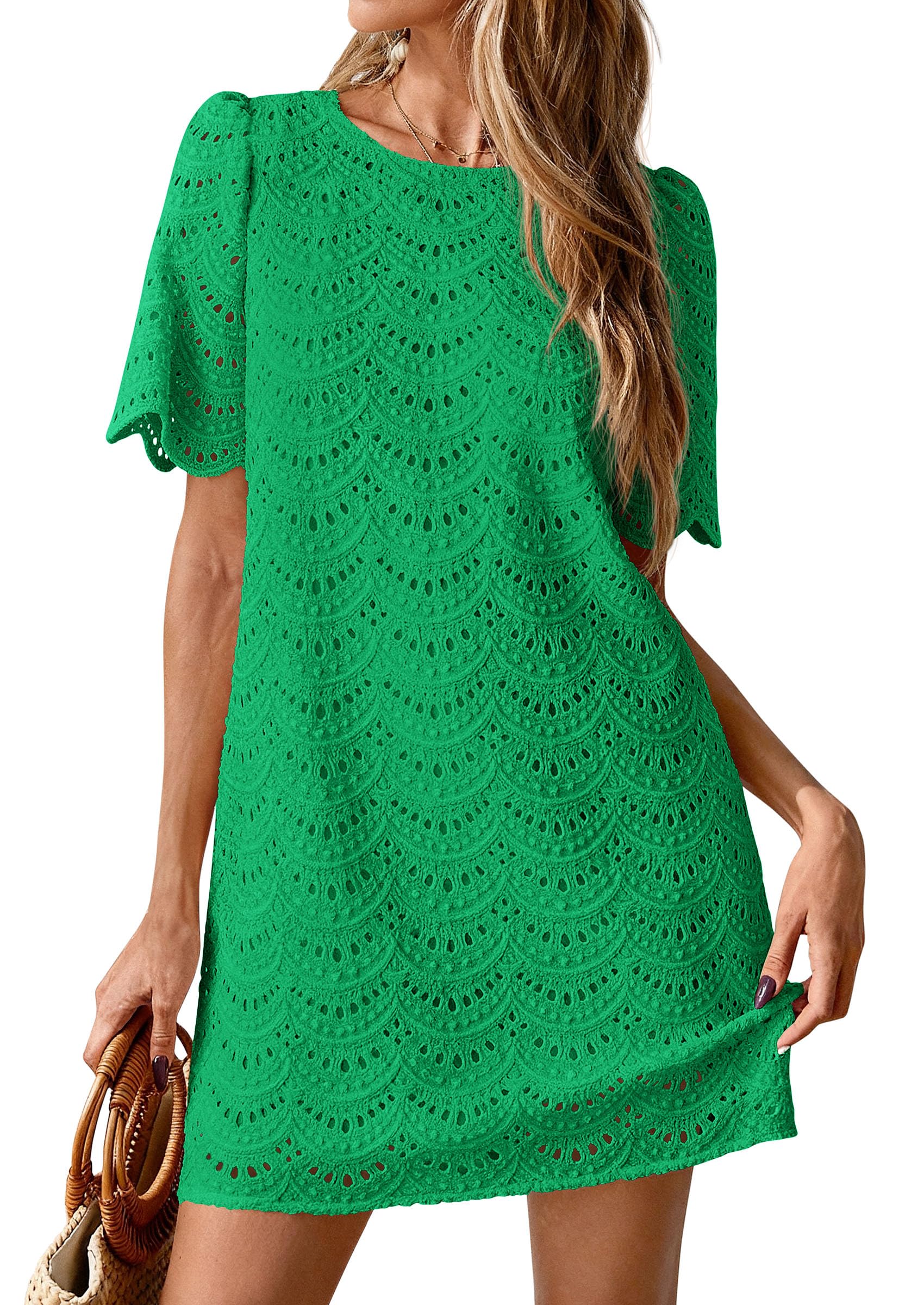 PRETTYGARDEN Women's Summer Casual Short Dresses Embroidered Lace Short Sleeve Boho Mini Dress Beach Vacation Clothes