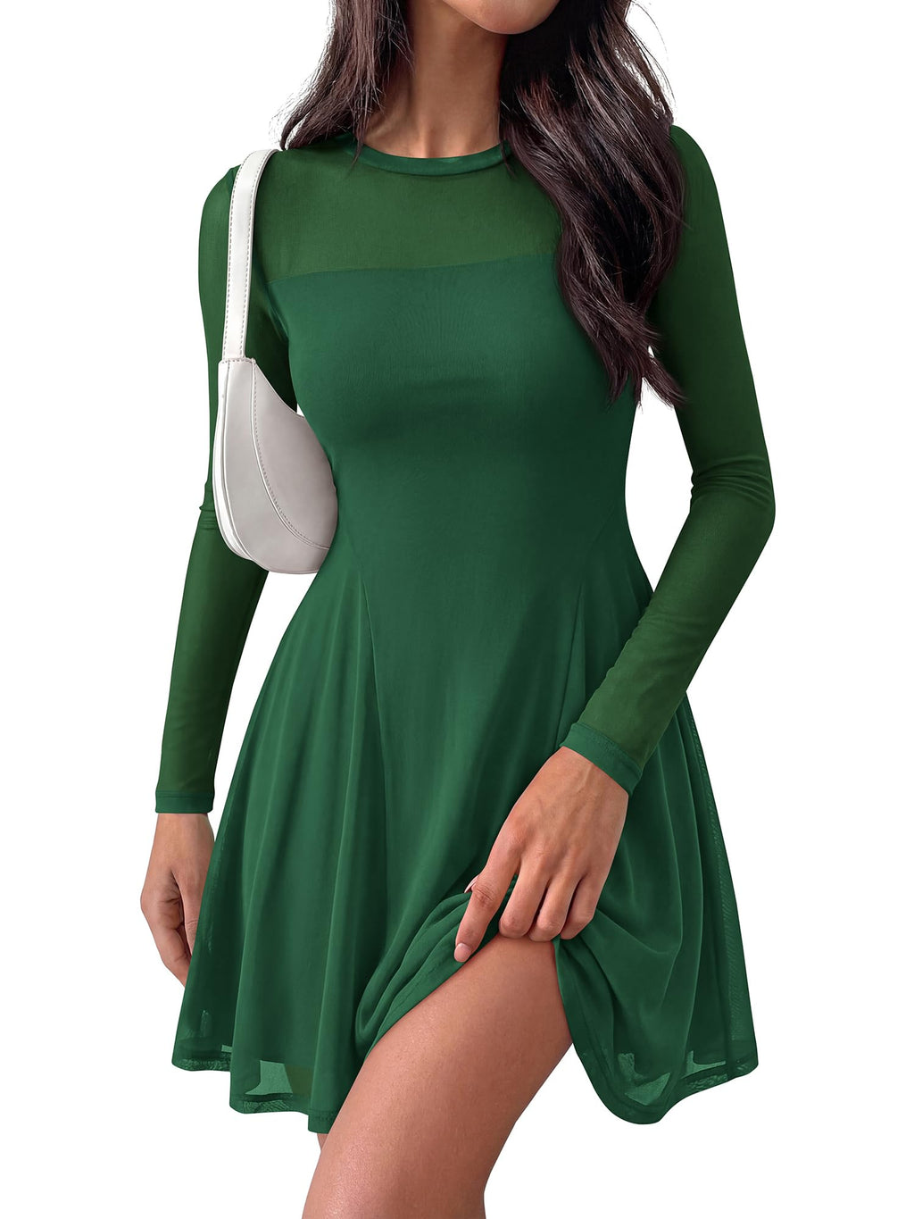 BTFBM Women’s Mini Dress Sheer Mesh Long Sleeve Crew Neck Flowy A Line Casual Cocktail Party Going Out Dresses Fall