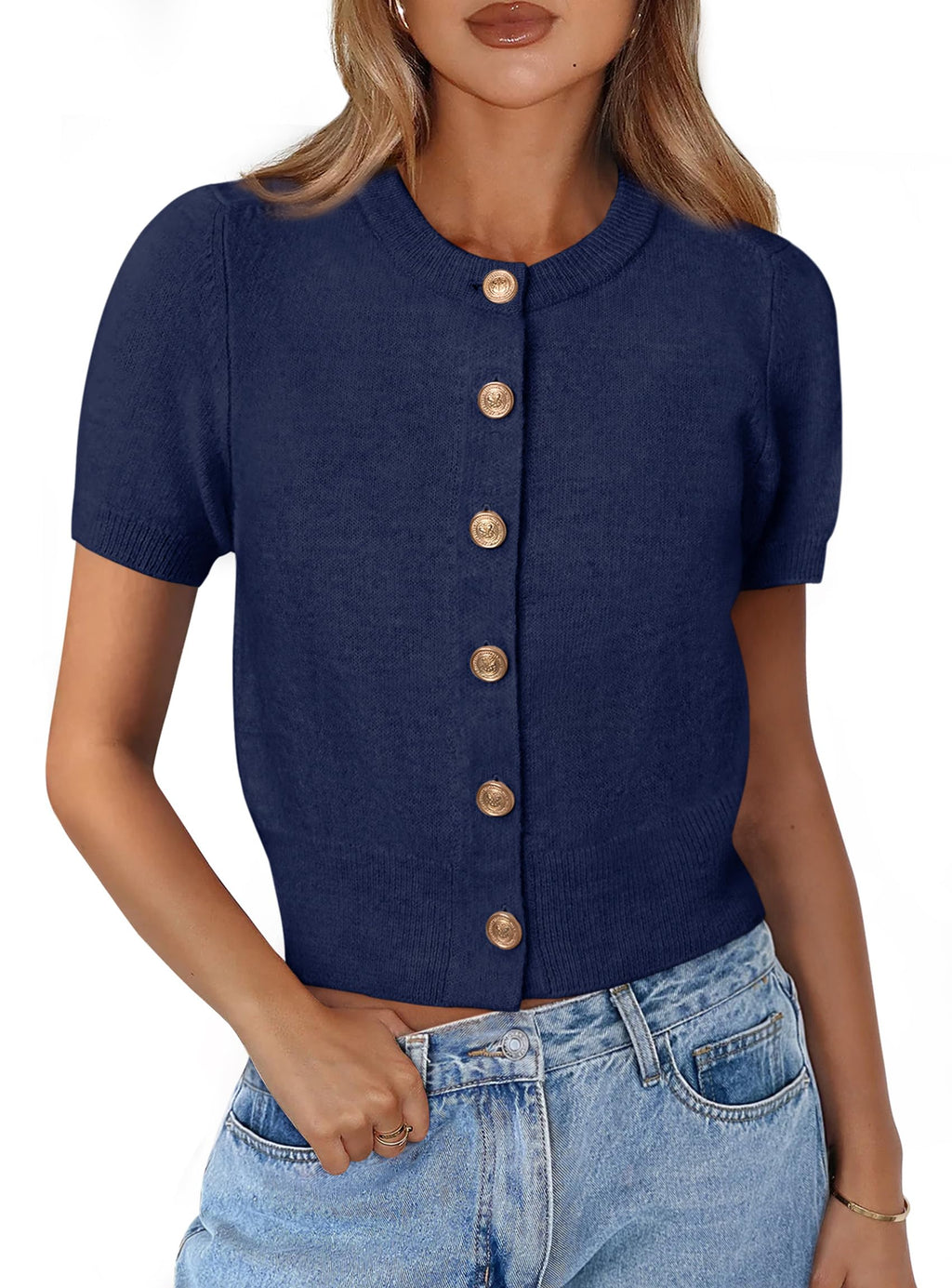 PRETTYGARDEN Womens Casual Summer Short Sleeve Cardigans Button Down Knitted Sweater Basic Crew Neck Crop Tops