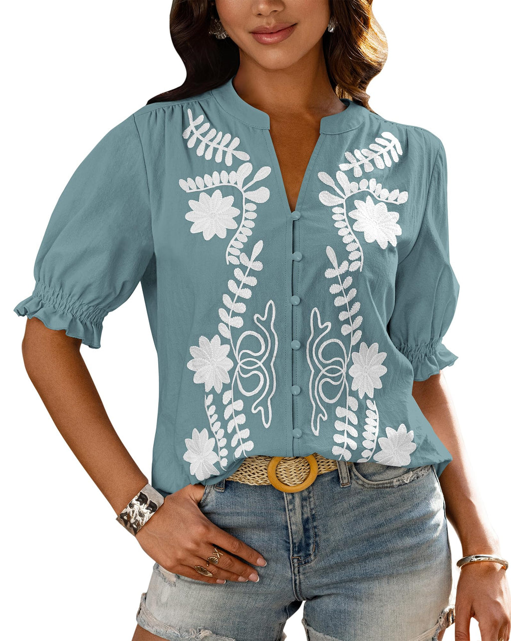 BTFBM Women's Spring Tops Casual Floral Boho V Neck Puff Short Sleeve Button Down Shirts Embroidered Blouses Tunic