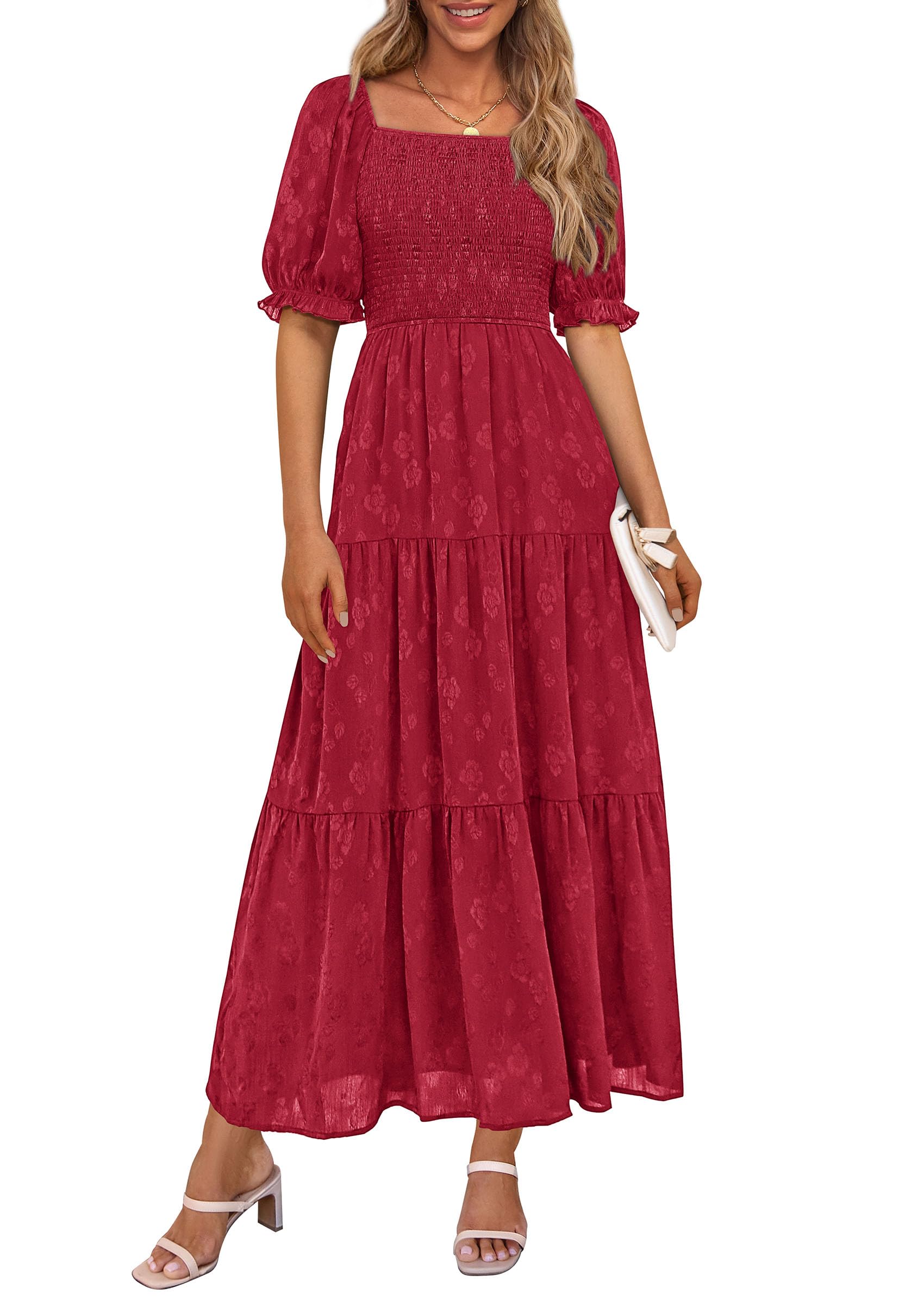 PRETTYGARDEN Women's Summer Casual Midi Dresses Square Neck Short Sleeve Smocked A Line Floral Flowy Elegant Boho Dress