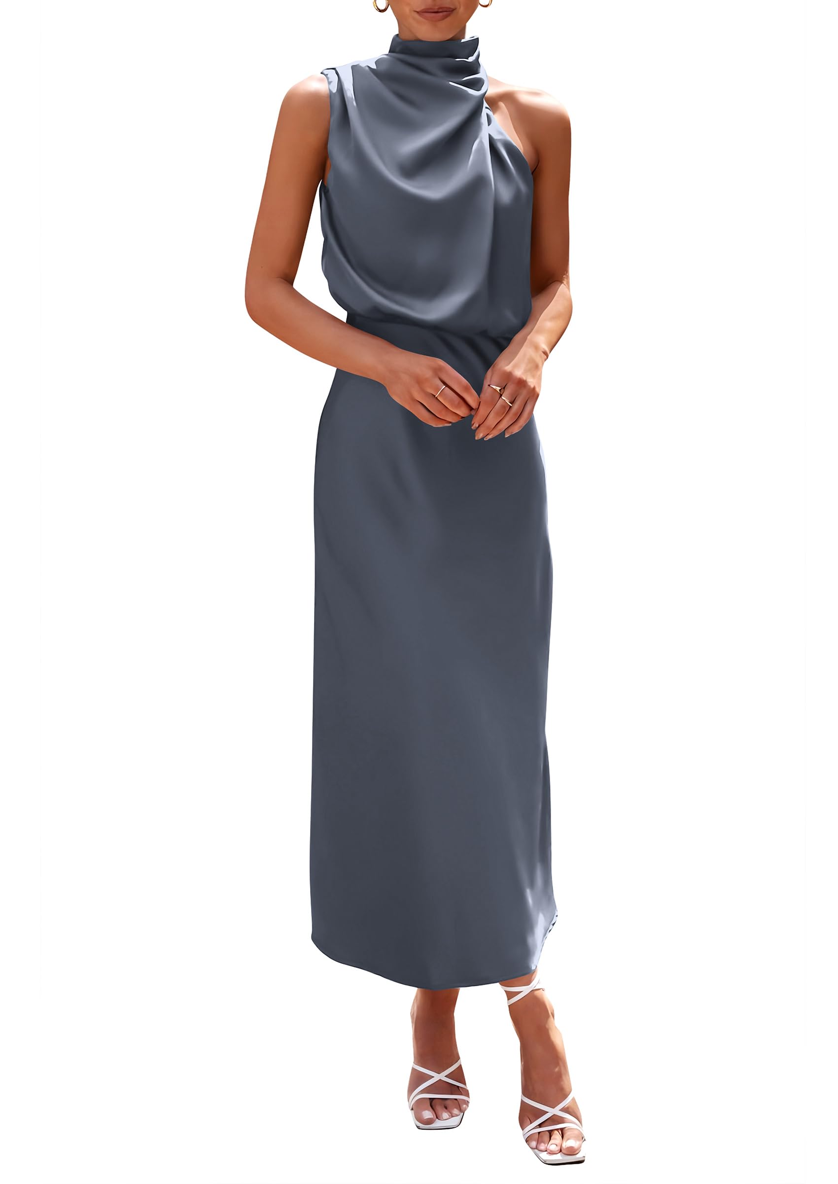 PRETTYGARDEN Women's Summer Satin Dress Elegant Sleeveless Mock Neck Cocktail Party Maxi Dresses