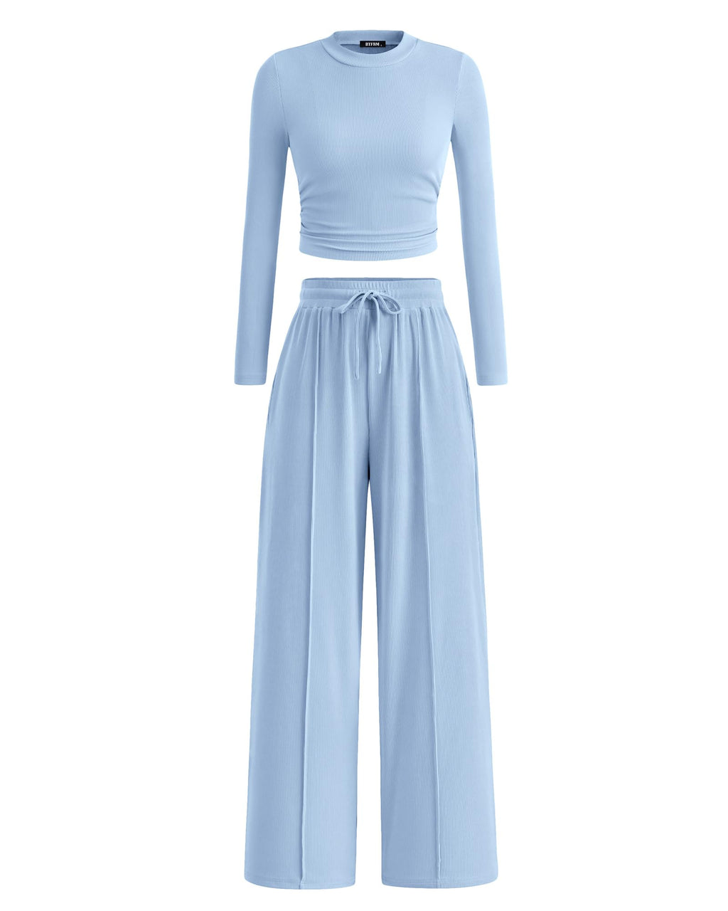 BTFBM Casual 2 Piece Sets For Women Fall Outfits Ribbed Spring Long Sleeve Crop Top Wide Leg Pants Matching Lounge Set