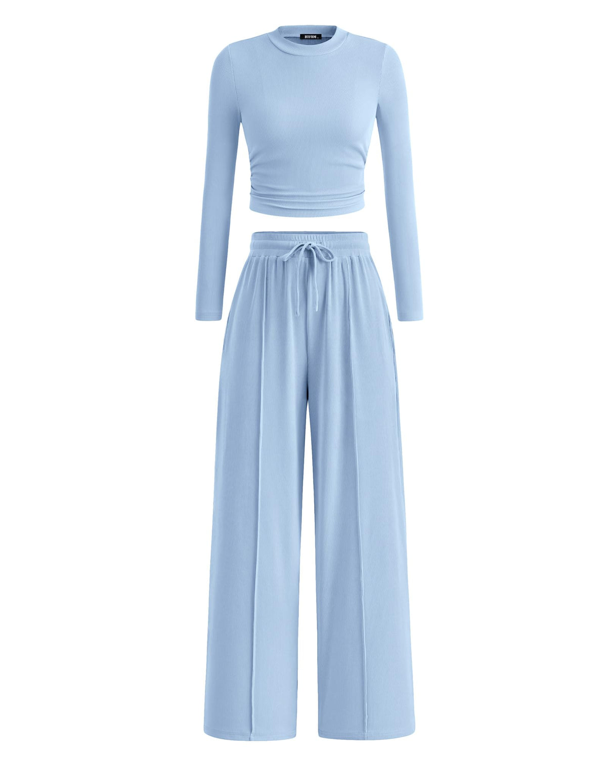 BTFBM Casual 2 Piece Sets For Women Fall Outfits Ribbed Spring Long Sleeve Crop Top Wide Leg Pants Matching Lounge Set