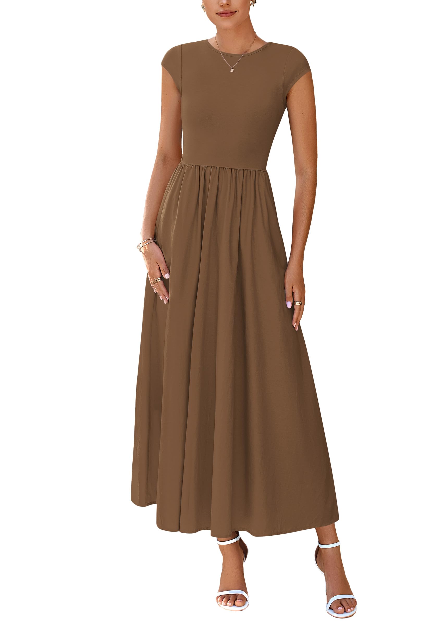 PRETTYGARDEN Women's Summer Casual Long Dresses Cap Sleeve Patchwork A Line Flowy Modest Elegant Homecoming Maxi Dress