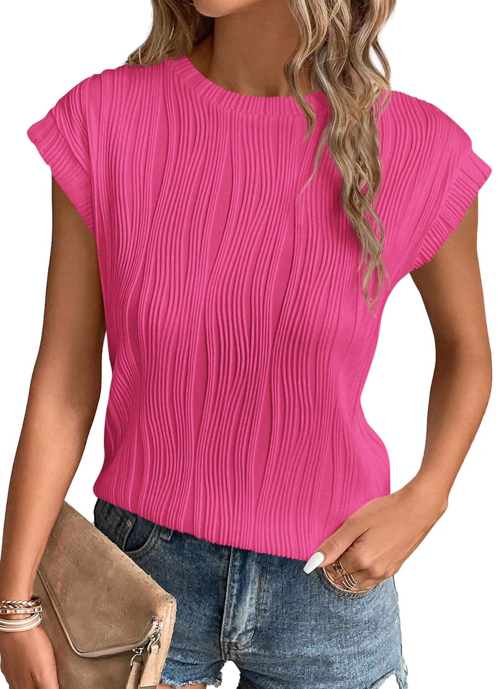 PRETTYGARDEN Blouses for Women Dressy Casual Spring Summer Business Office Tops Cap Sleeve Textured Cute Work Shirt