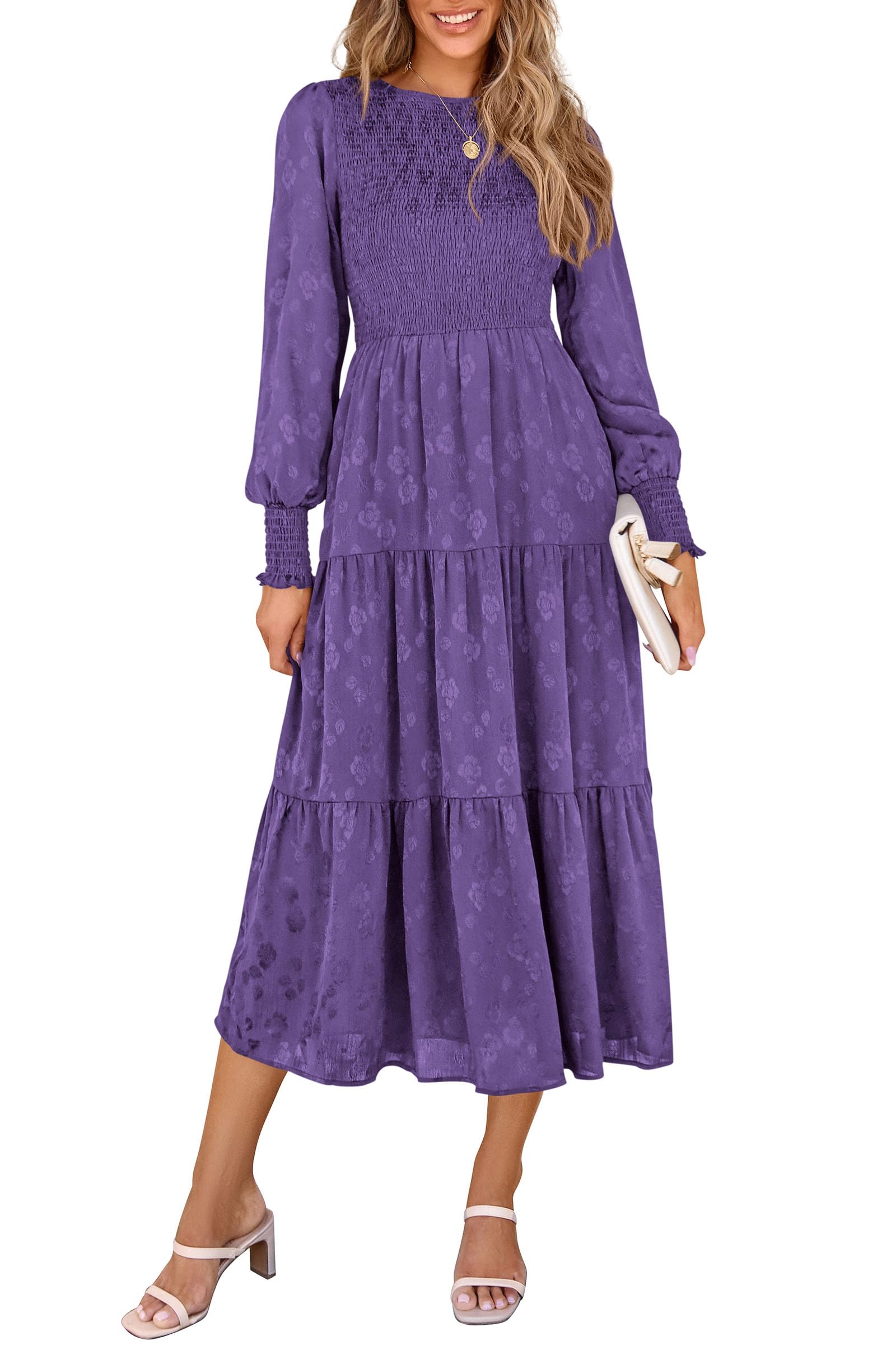 PRETTYGARDEN Women's Fall Spring Midi Dress Long Sleeve Floral Smocked Elegant Wedding Guest Long Flowy Dresses with Pockets