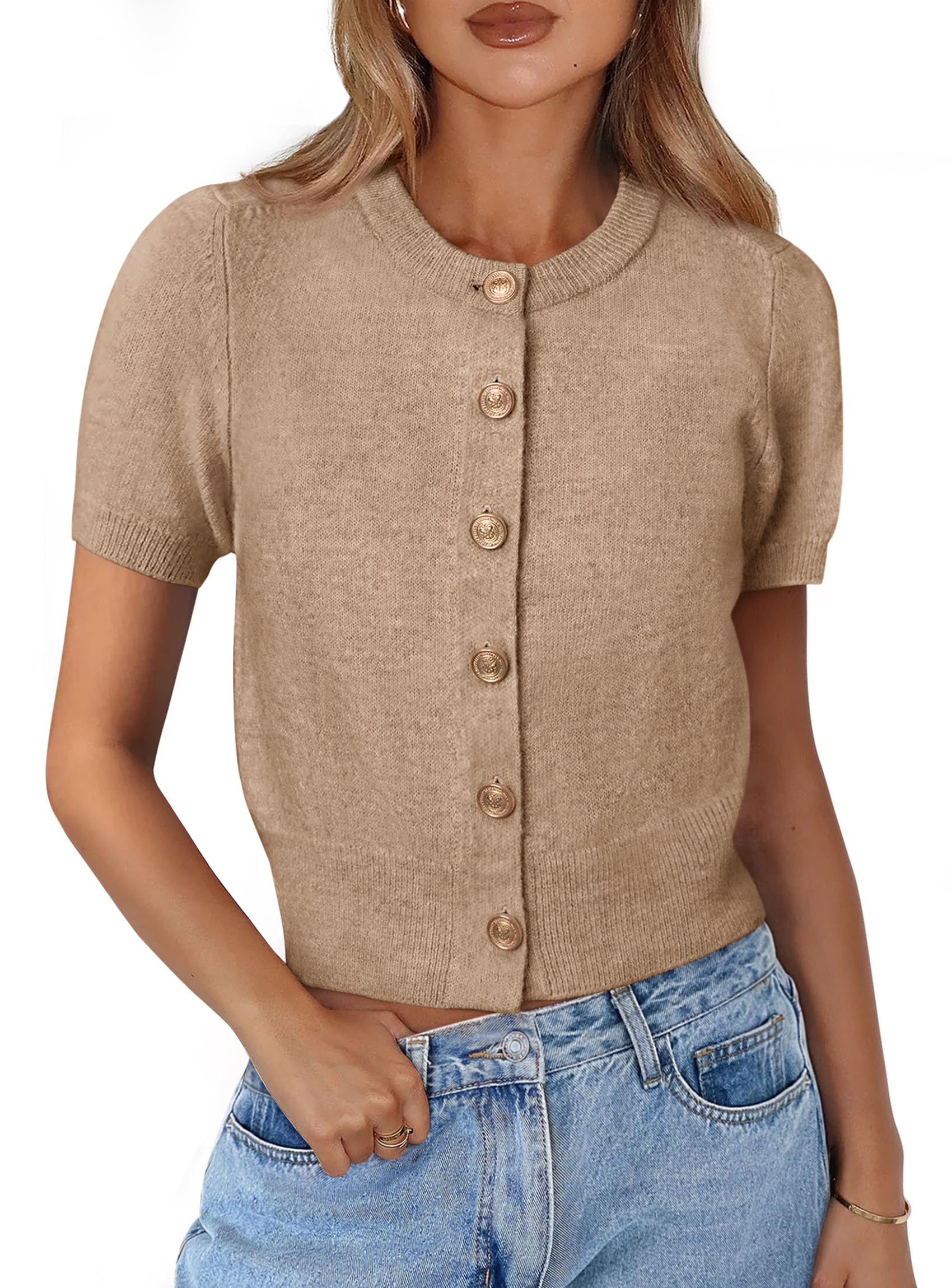 PRETTYGARDEN Womens Casual Summer Short Sleeve Cardigans Button Down Knitted Sweater Basic Crew Neck Crop Tops