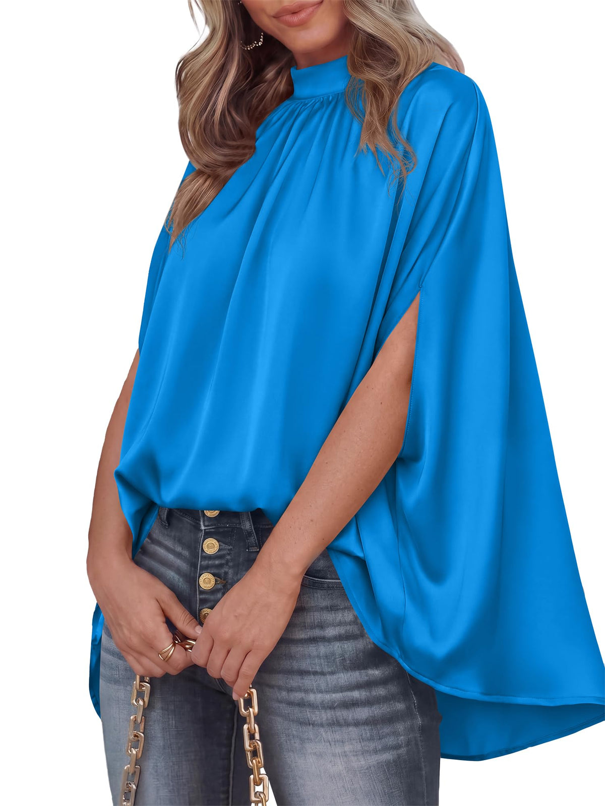BTFBM Womens Summer Tops Mock Neck Batwing Sleeve Silk Satin Shirts Loose Oversized Dressy Casual Spring Blouses