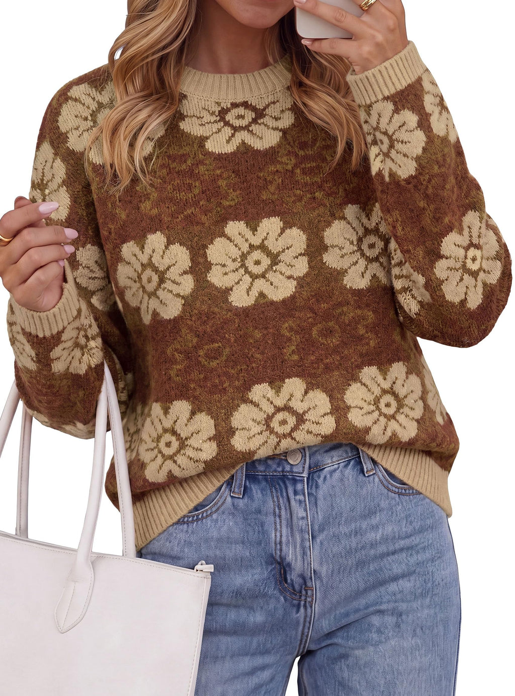 PRETTYGARDEN Women's Floral Crewneck Sweater Knit Pullover Loose Fit, Chunky Knit Sweaters Tops, Dressy Casual Work Vacation Holiday Outfits, Womens Fall Fashion, Winter Clothes