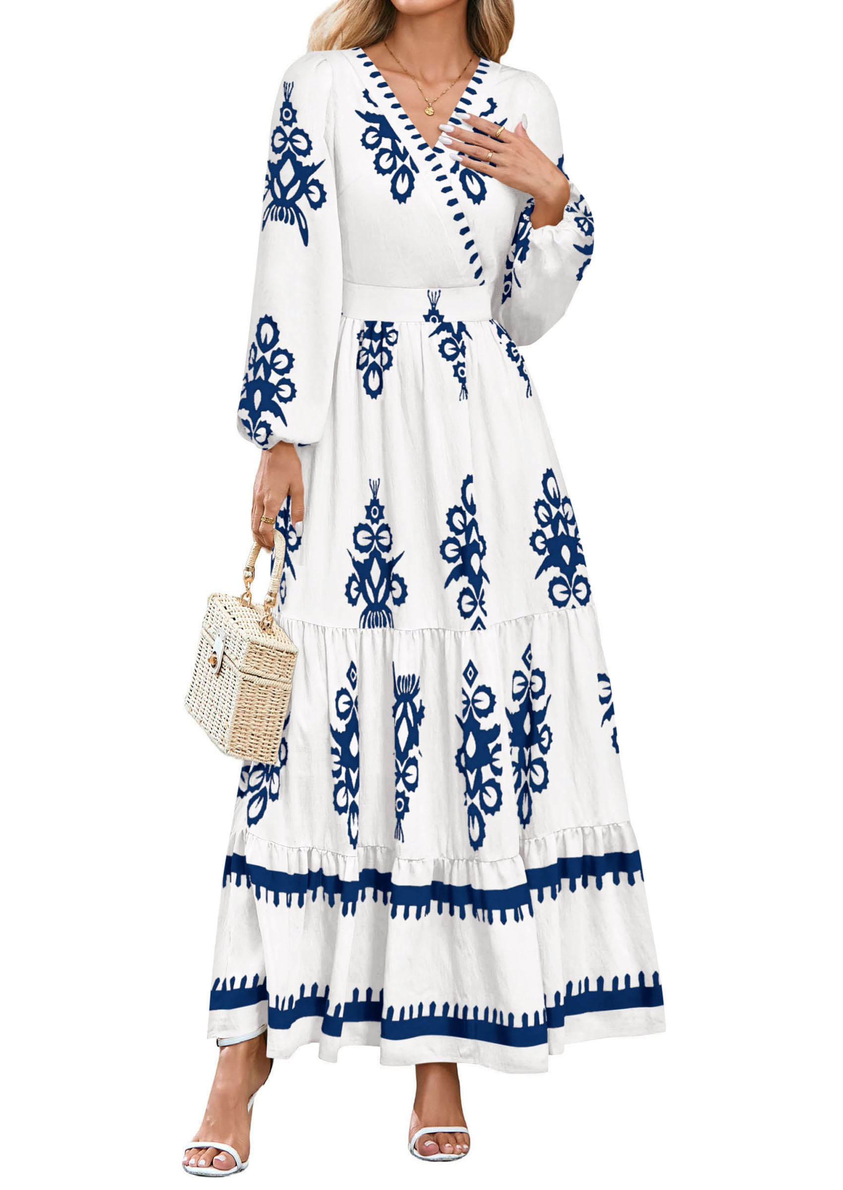 PRETTYGARDEN Women's Fall Wedding Guest Dresses Boho Floral Long Sleeve V Neck Flowy Elegant Maxi Dress Beach Clothes