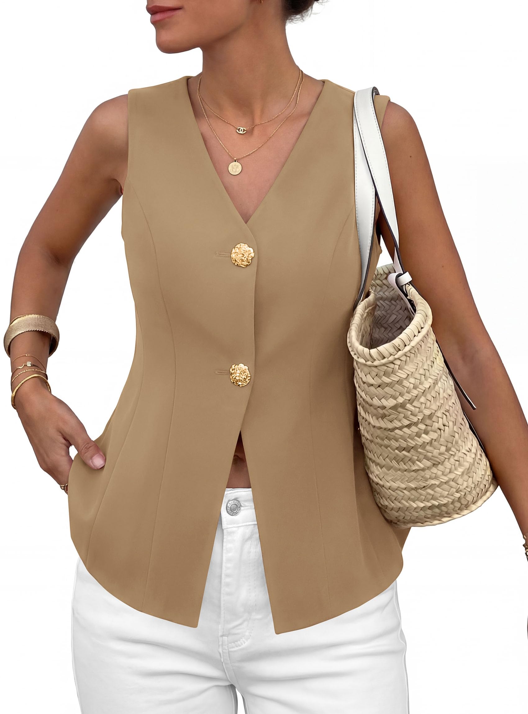 PRETTYGARDEN Womens Summer Sleeveless Suit Vest Tops Dressy Button Down Business Casual Blazer Waistcoat Spring Clothes