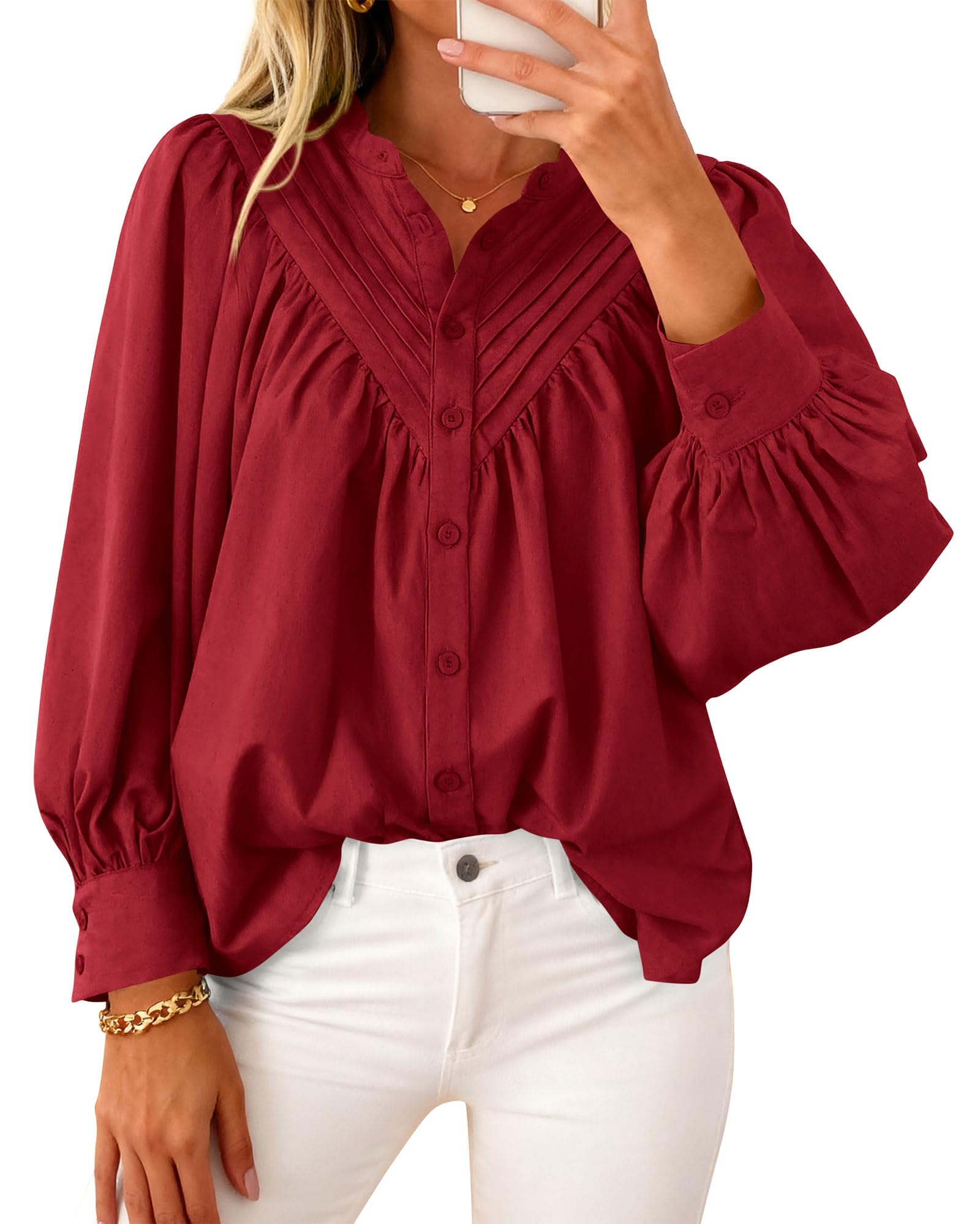 FreshPretty Blouses for Women Dressy Casual Fashion Clothing Long Sleeve Shirts Loose Fit Button Down Pleated Boho Going Out Tops