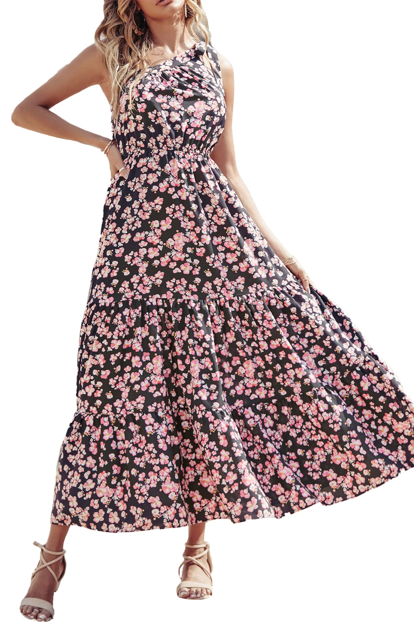 PRETTYGARDEN Women's Summer Floral One Shoulder Maxi Dress Knot Ruffle Boho Beach Vacation Wedding Guest Long Sun Dresses