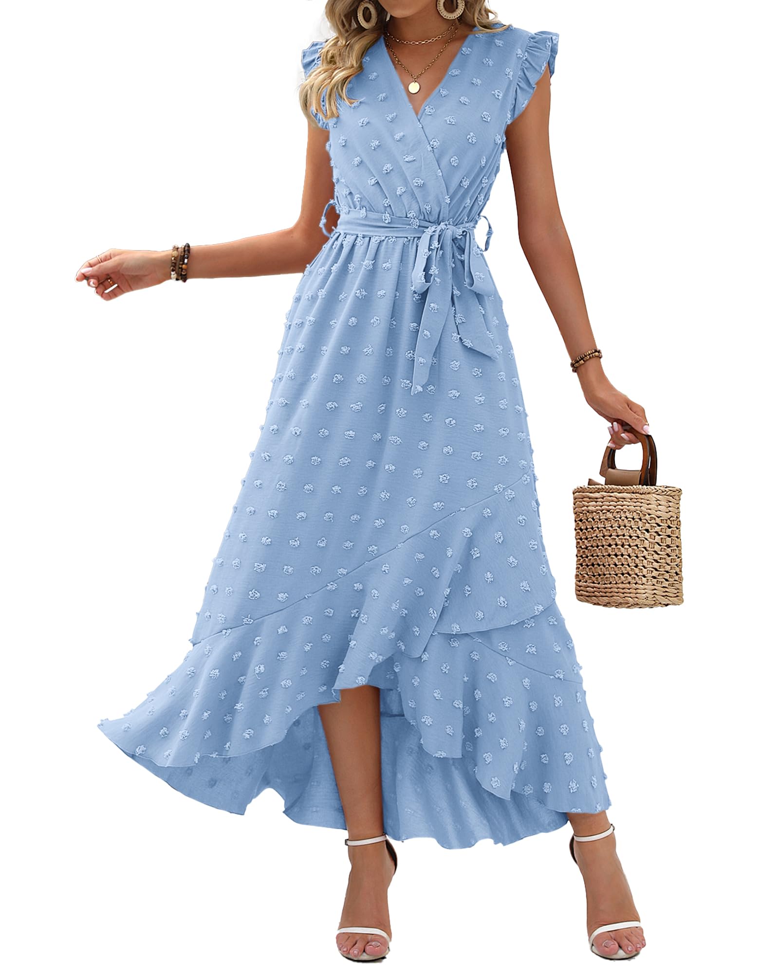 FreshPretty Women V Neck Summer Dress Cap Sleeve Swiss Dot Boho Flowy Ruffle Slit Beach Party Long Maxi Cocktail Dresses