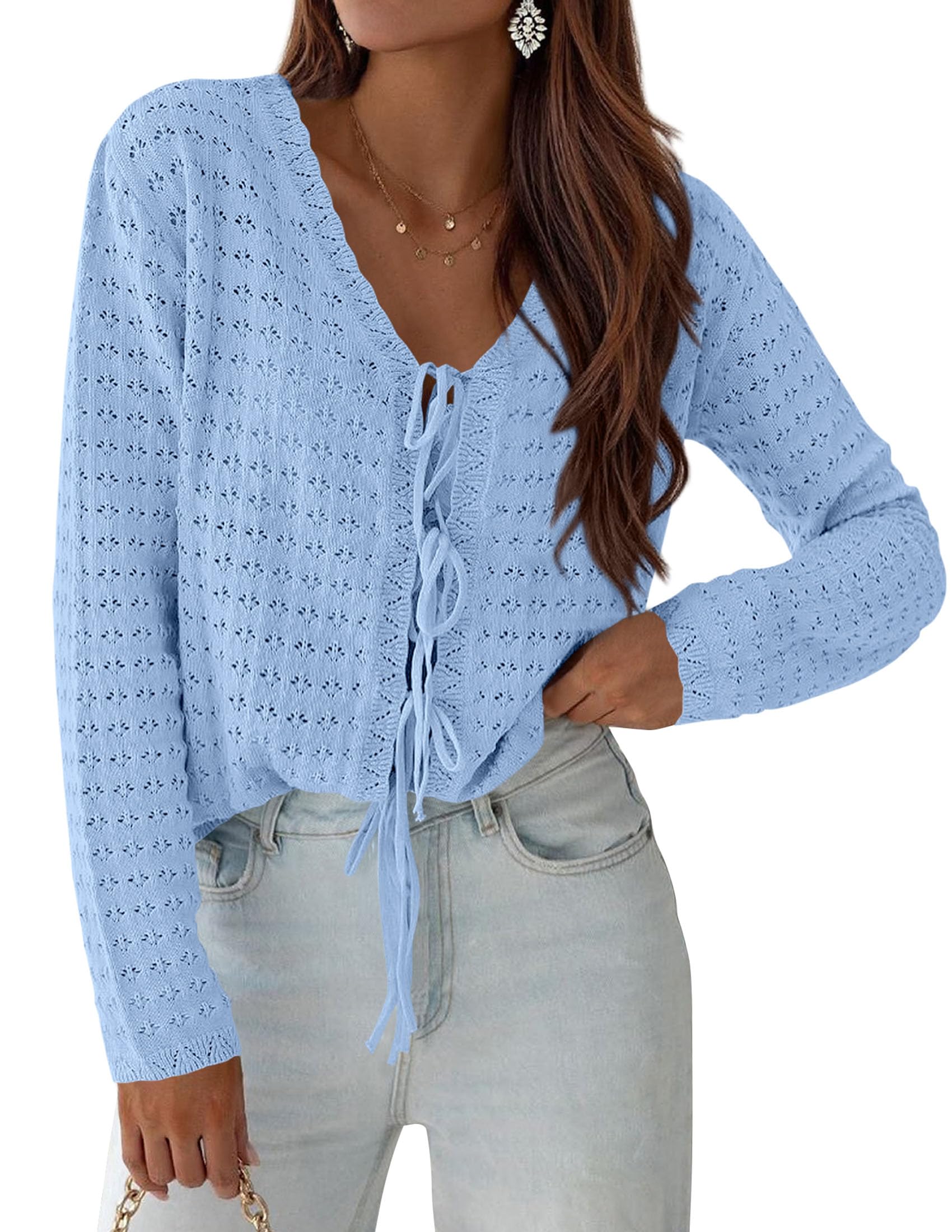 PRETTYGARDEN Crochet Cardigan Sweaters for Women Trendy Spring Summer Long Sleeve Tie Front Tops Boho Beach Vacation Clothes