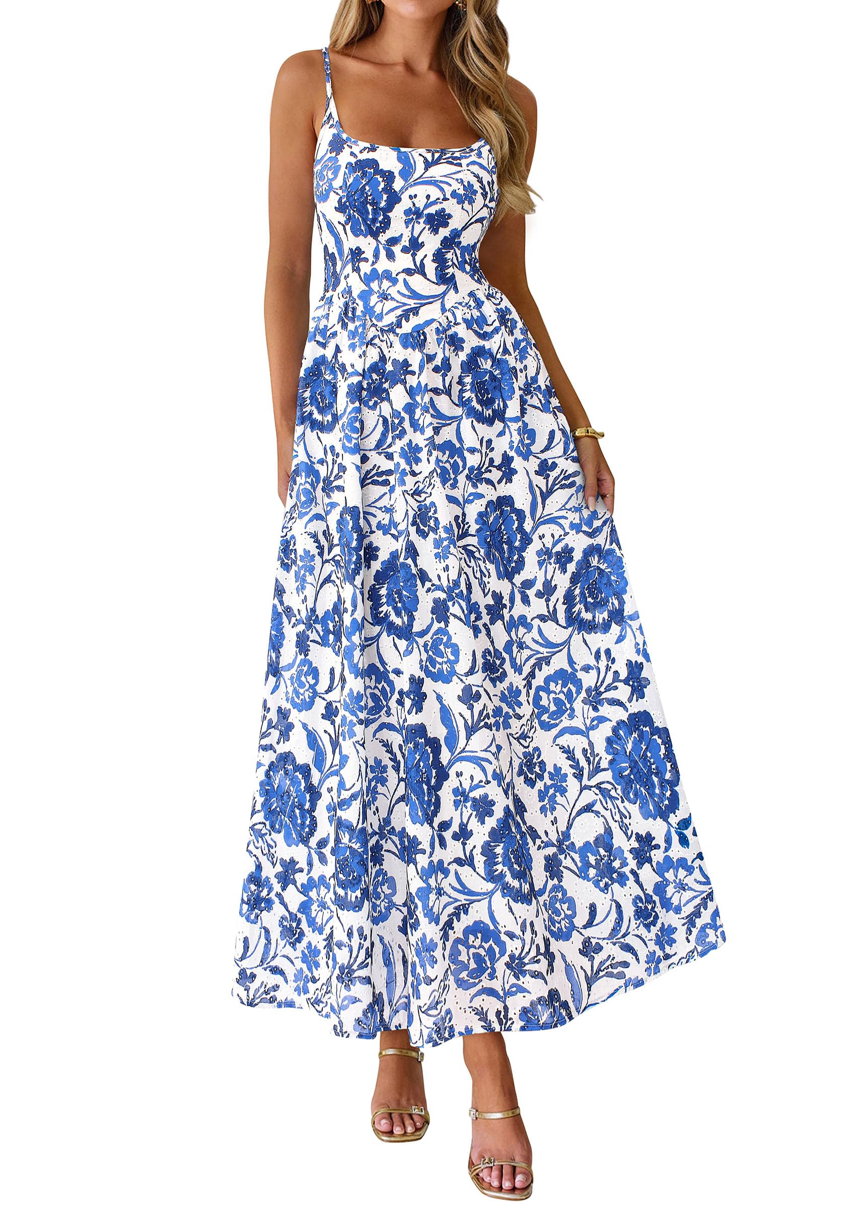 PRETTYGARDEN Womens Spring Boho Maxi Dress Eyelet Floral Long Flowy Sundresses Summer Beach Vacation Clothes