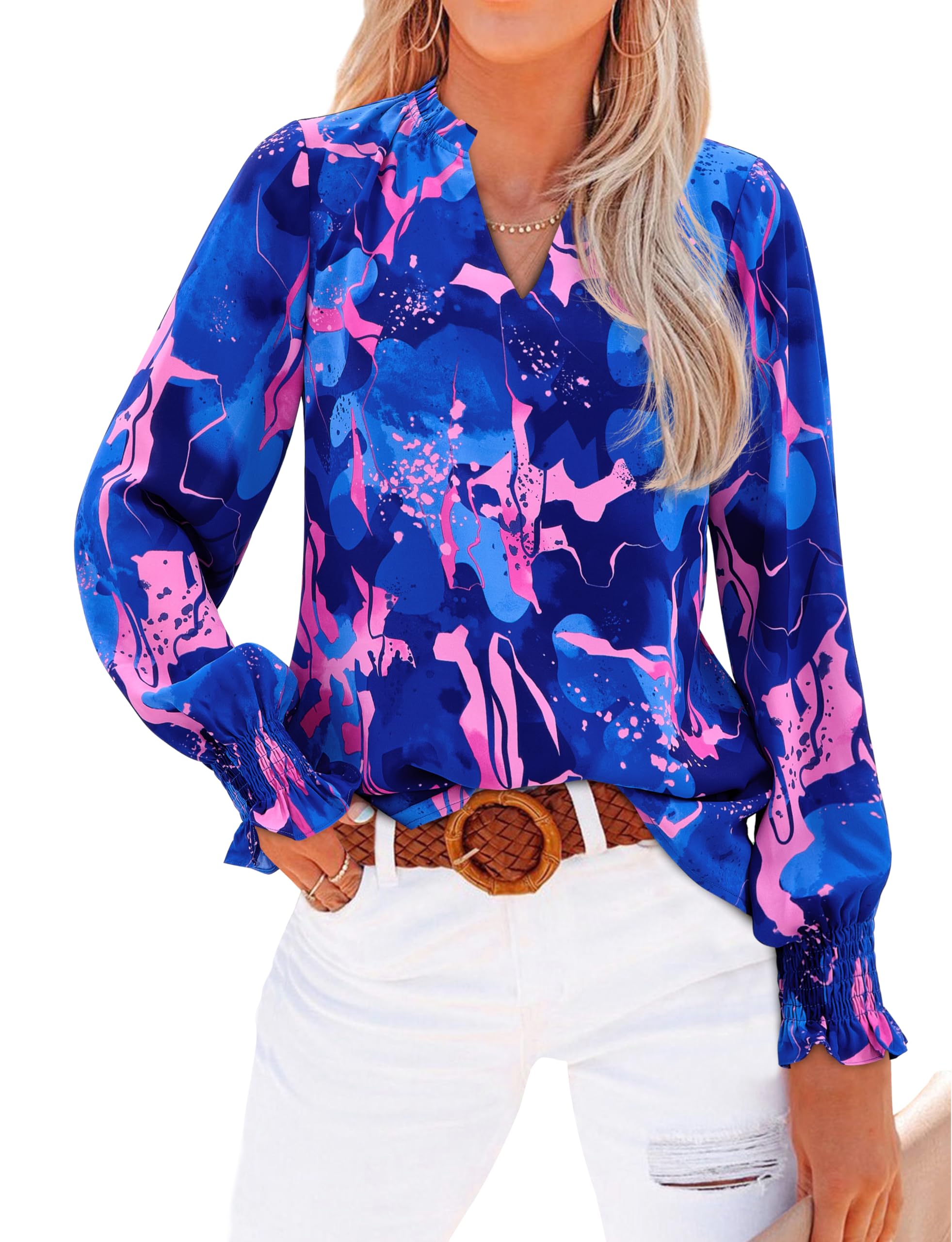 FreshPretty Womens V Neck Floral Long Sleeve Tops Summer Casual Loose Puff Sleeve Chiffon Boho Work Blouse Dressy T Shirts
