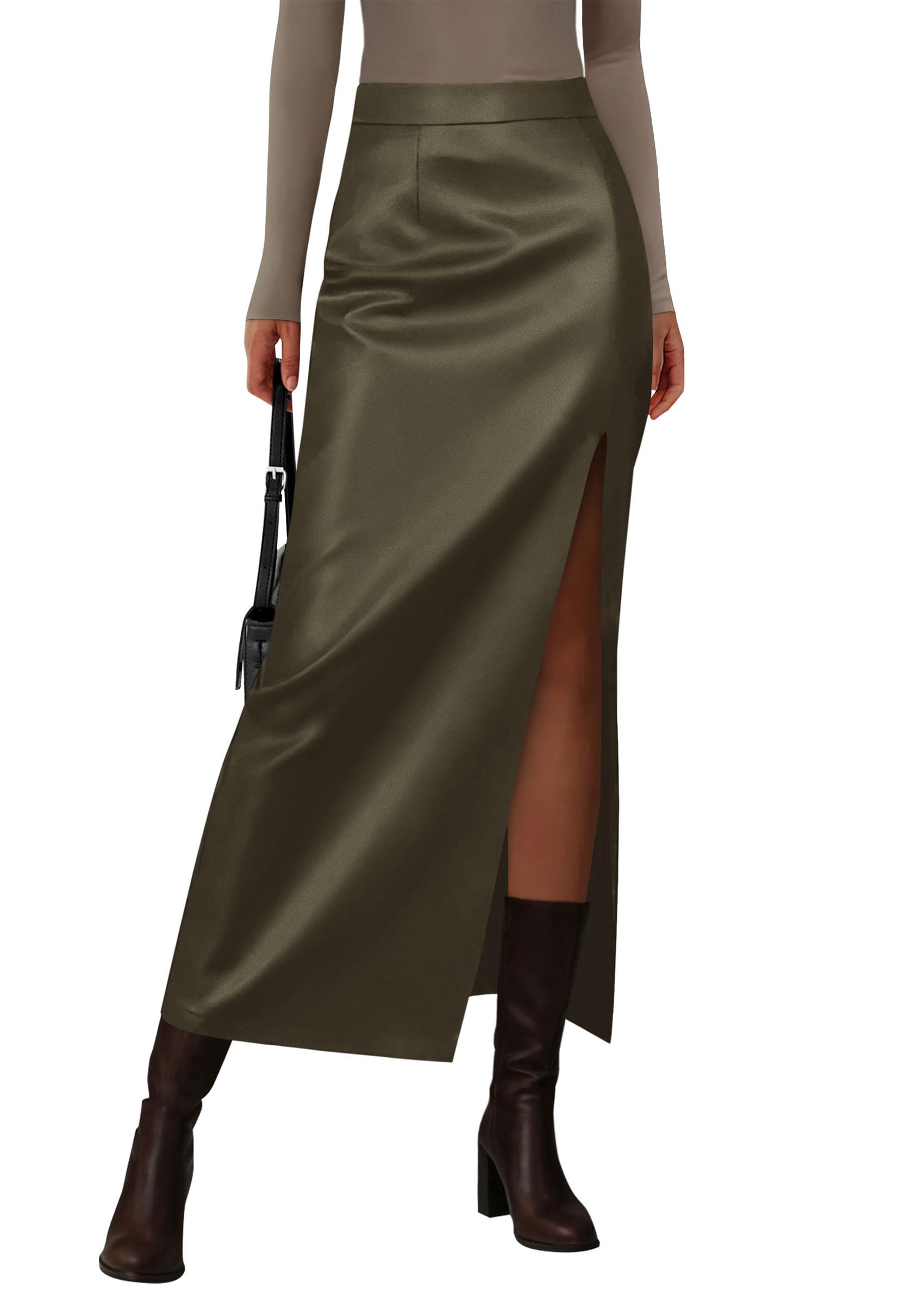 PRETTYGARDEN Womens Faux Leather Skirts Fall Fashion Bodycon High Waisted Slit Work Office Winter Maxi Long Pencil Skirt