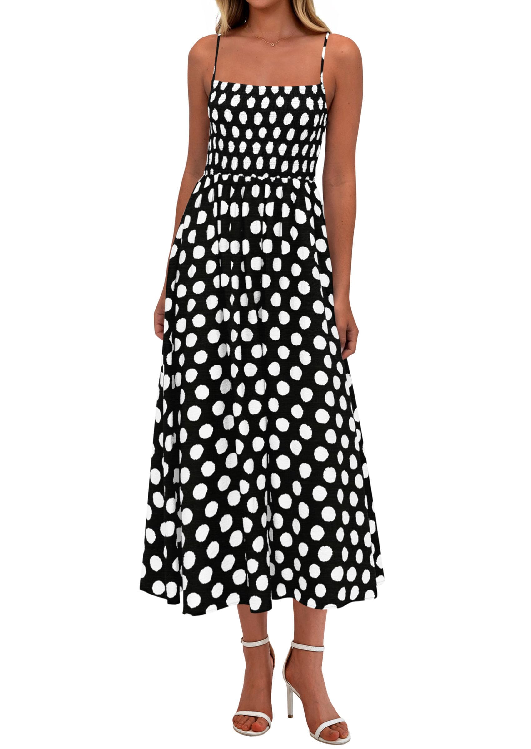 PRETTYGARDEN Womens Polka Dot Dress Summer Sleeveless Spaghetti Straps Smocked Sun Dress Flowy Spring Beach Midi Dresses