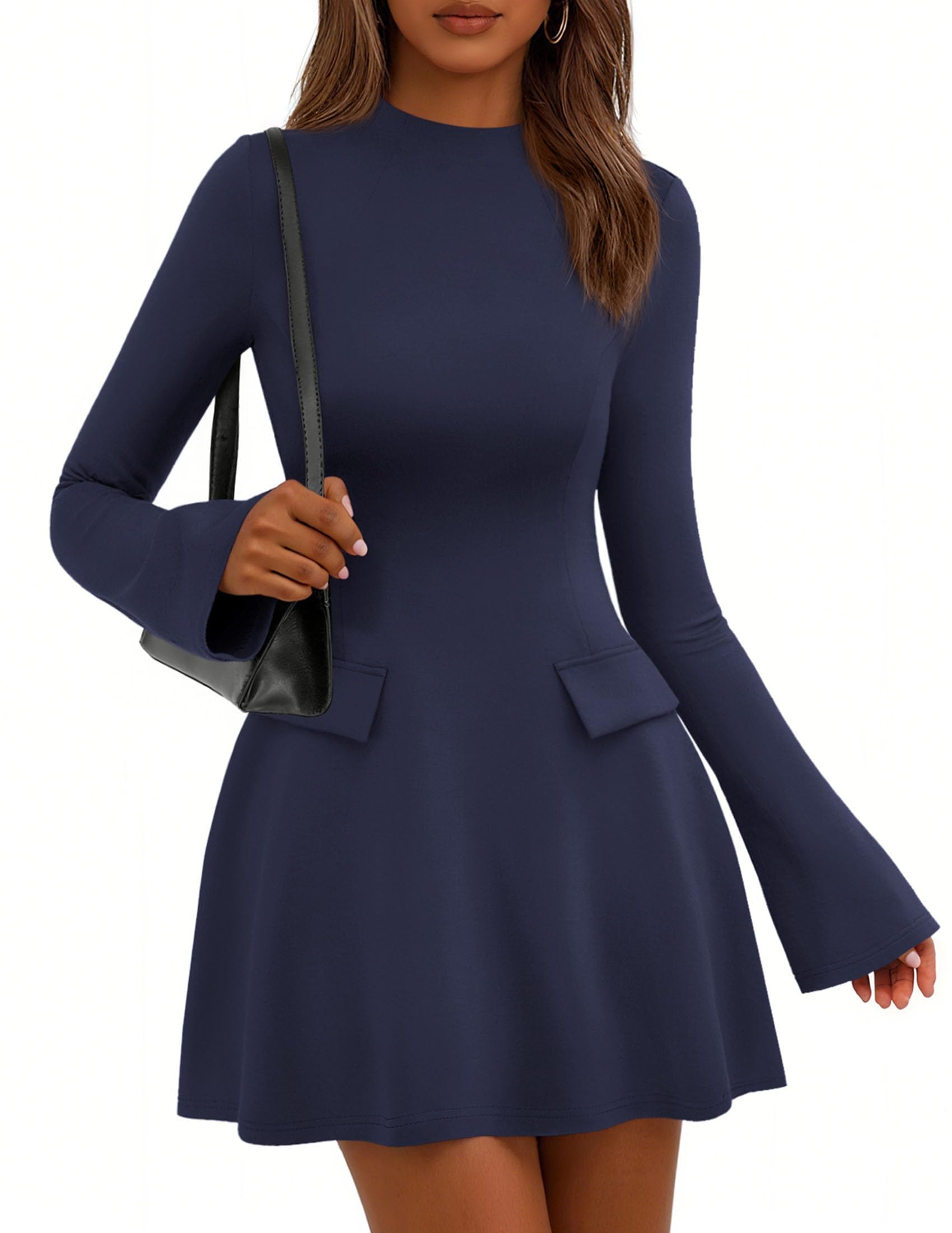 PRETTYGARDEN Women's Elegant Holiday Short Dress  Fall Bell Long Sleeve Mock Neck Work Business Casual Party Mini Dress