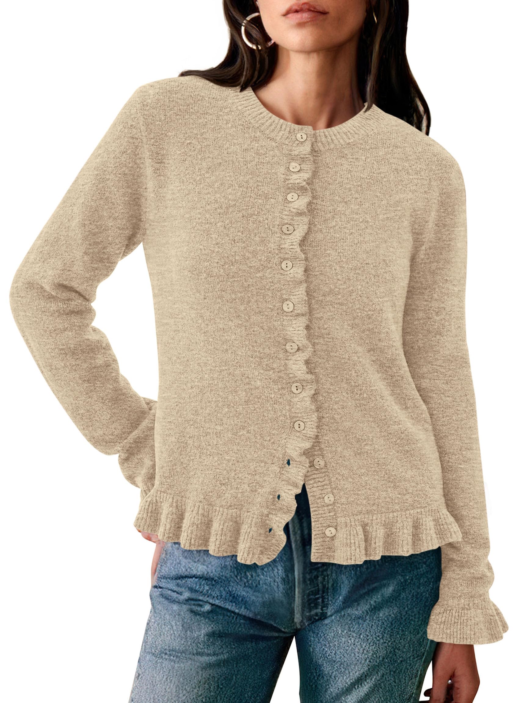 PRETTYGARDEN Womens Fall Button Down Cardigans Chunky Knit Ruffle Open Front Cropped Cardigan Sweaters Soft Long Sleeve Tops