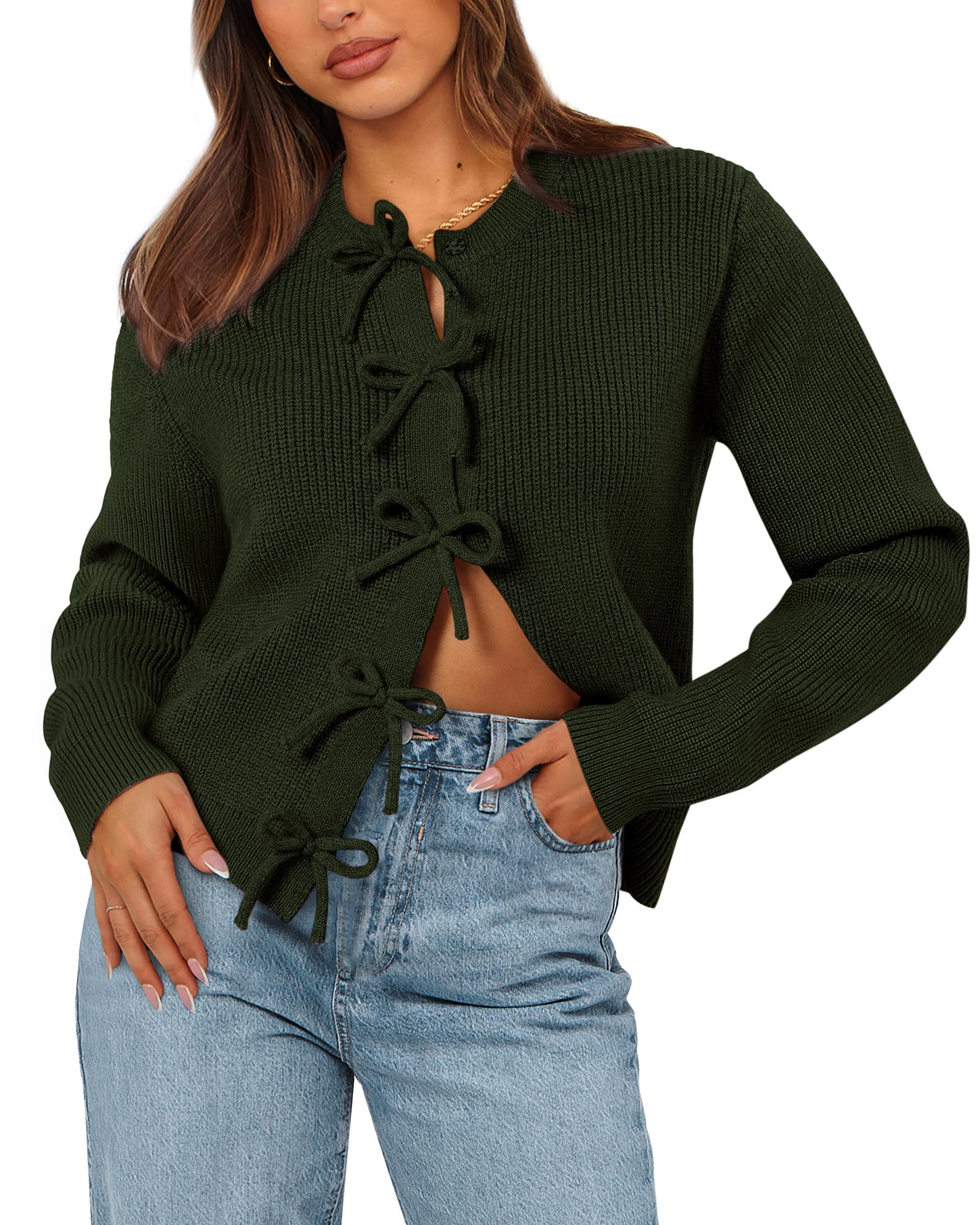 BTFBM Bow Cropped Cardigan Sweaters for Women Fall Winter Open Front Sweater Long Sleeve Button Fashion Spring Clothes