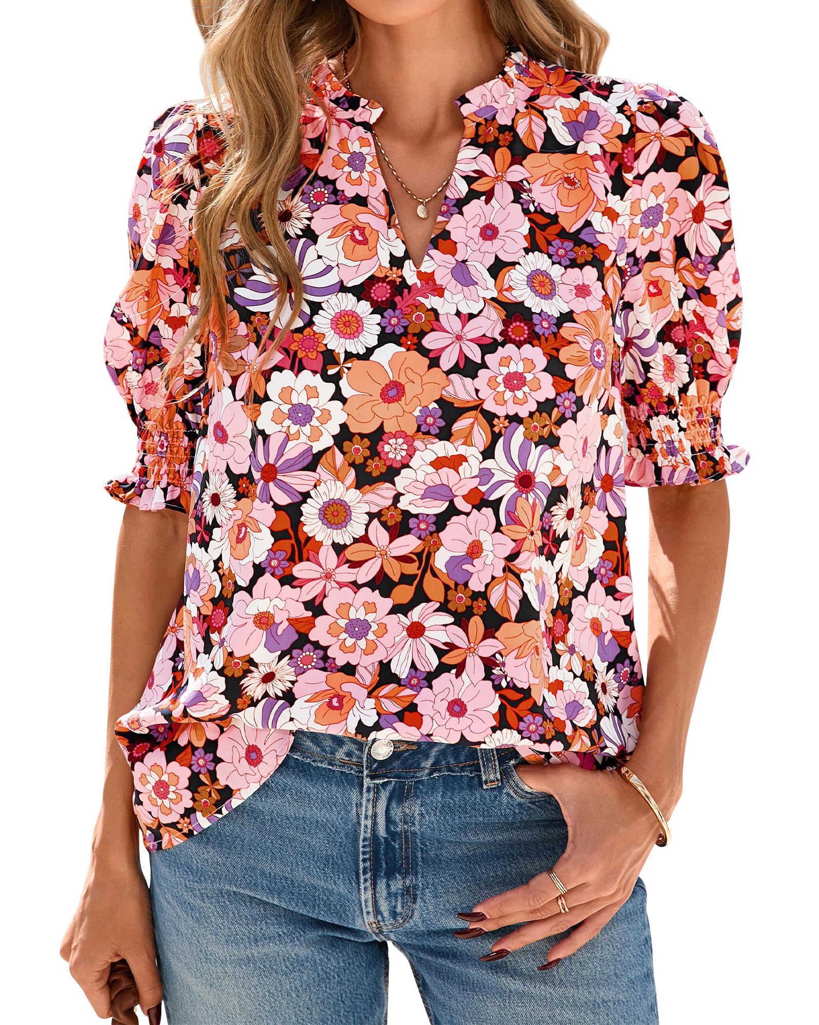 FreshPretty Summer Blouses for Women Dressy Casual  Fashion Spring Tops Floral Boho V Neck Puff Short Sleeve Top Shirts