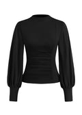 FreshPretty Blouses for Women Dressy Casual Spring Tops Fall Puff Long Sleeve Shirts Fitted Mock Neck Ruched Trendy Tops