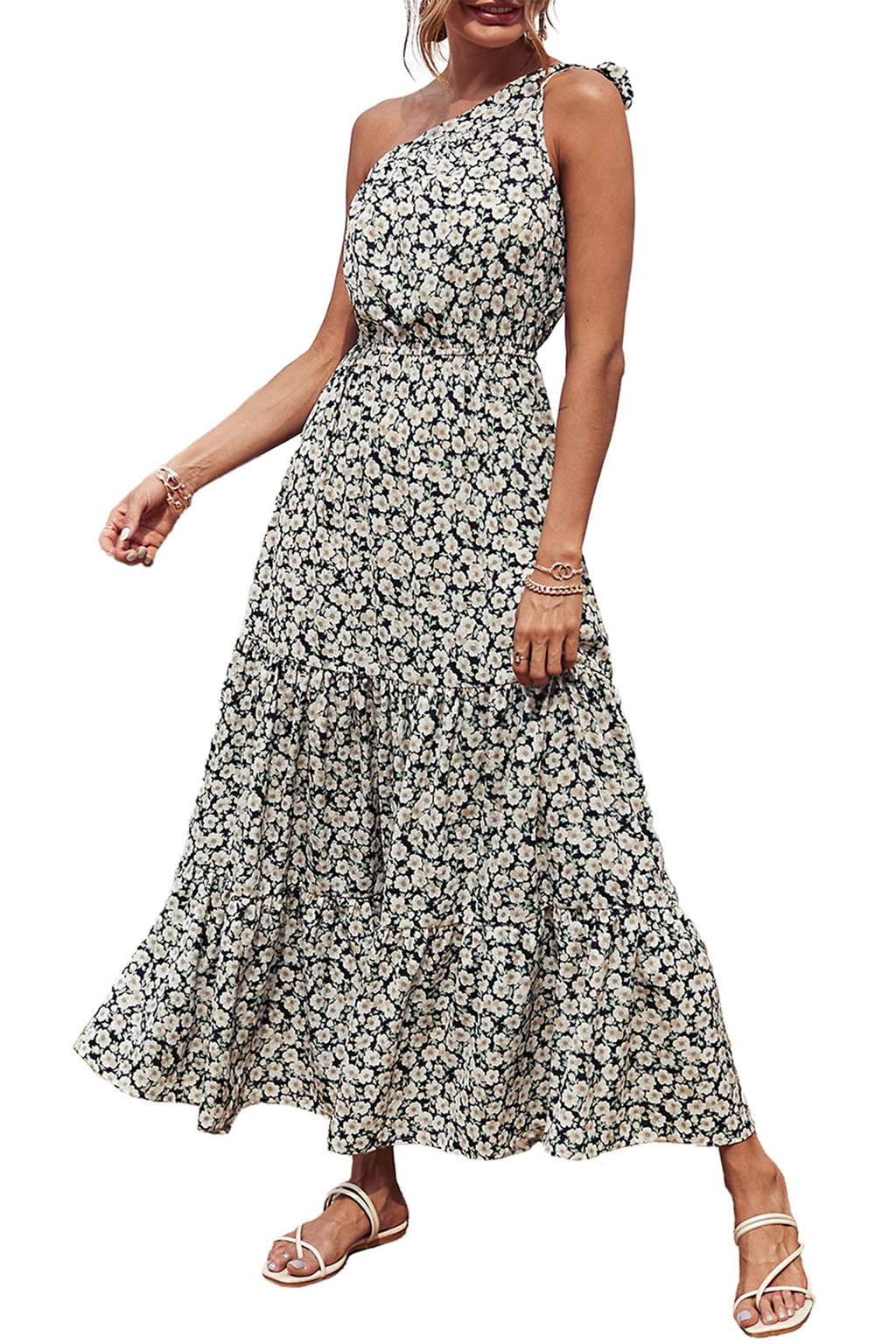 PRETTYGARDEN Women's Summer Floral One Shoulder Maxi Dress Knot Ruffle Boho Beach Vacation Wedding Guest Long Sun Dresses