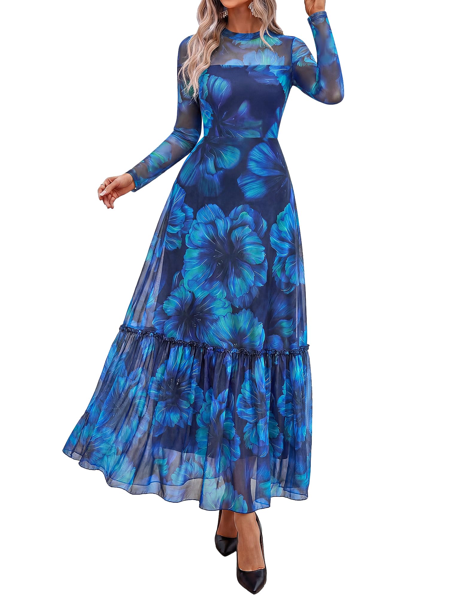 BTFBM Boho Mesh Long Sleeve Dress for Women | Mock Neck, Floral, A Line, Tiered, Graduation, Wedding, Cocktail Maxi Dresses, Fall Fashion, Resort Wear