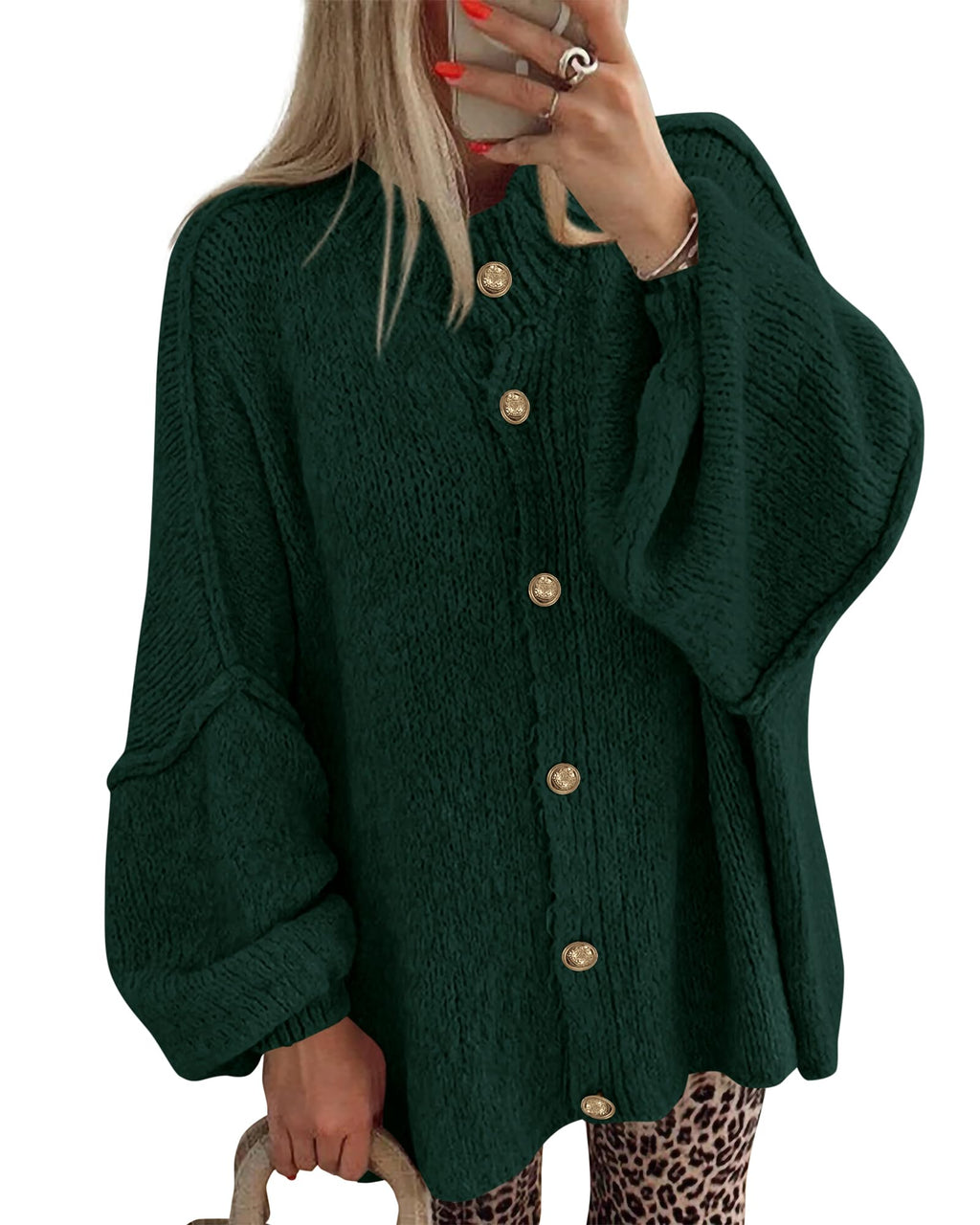 BTFBM Cardigan Sweaters for Women Fall Clothes Lantern Long Sleeve Button Open Front Chunky Knit Oversized Sweater