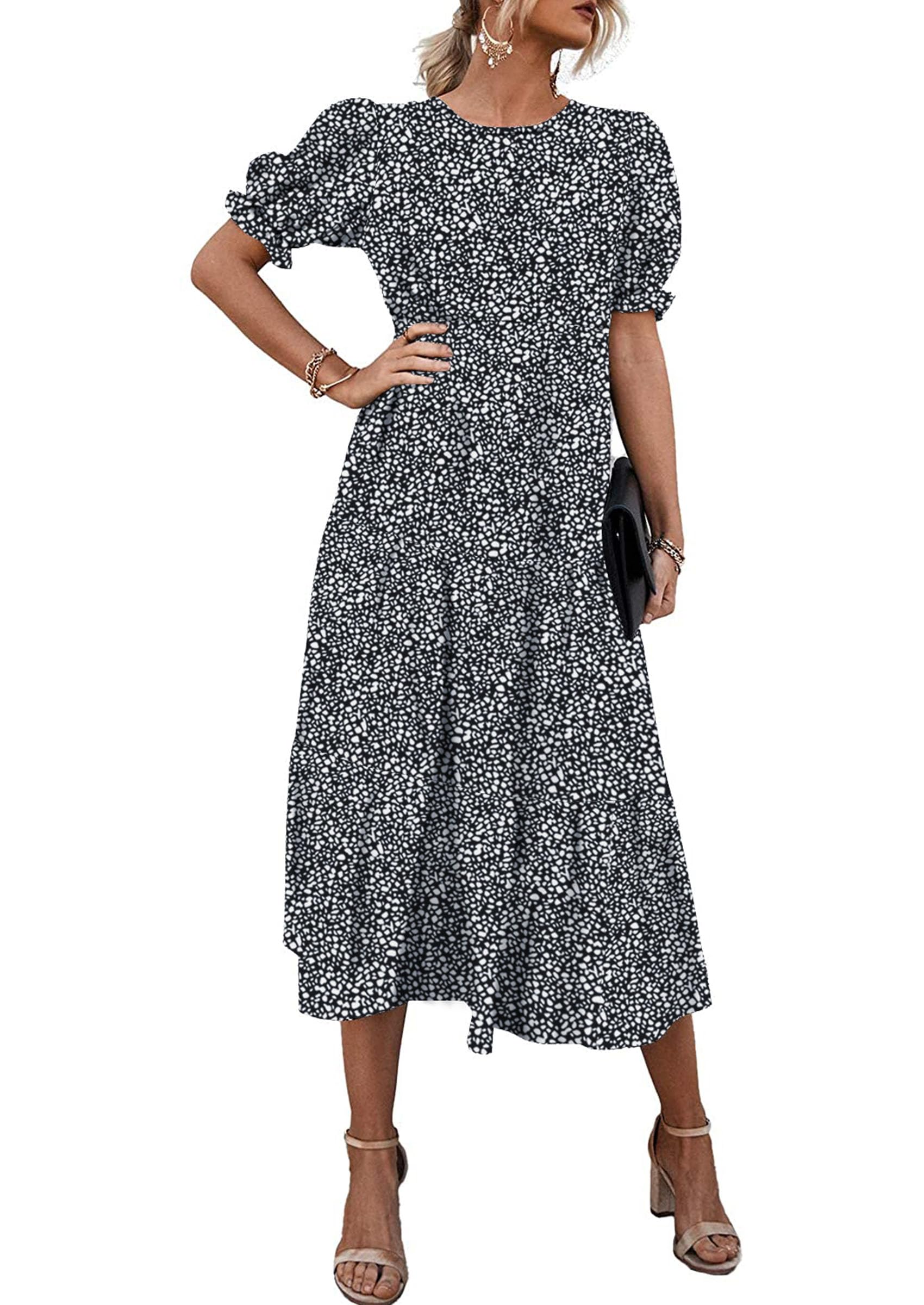 PRETTYGARDEN Summer Dresses for Women Casual Floral Boho Midi Sun Dress Puff Short Sleeve Flowy Beach Vacation Sundress