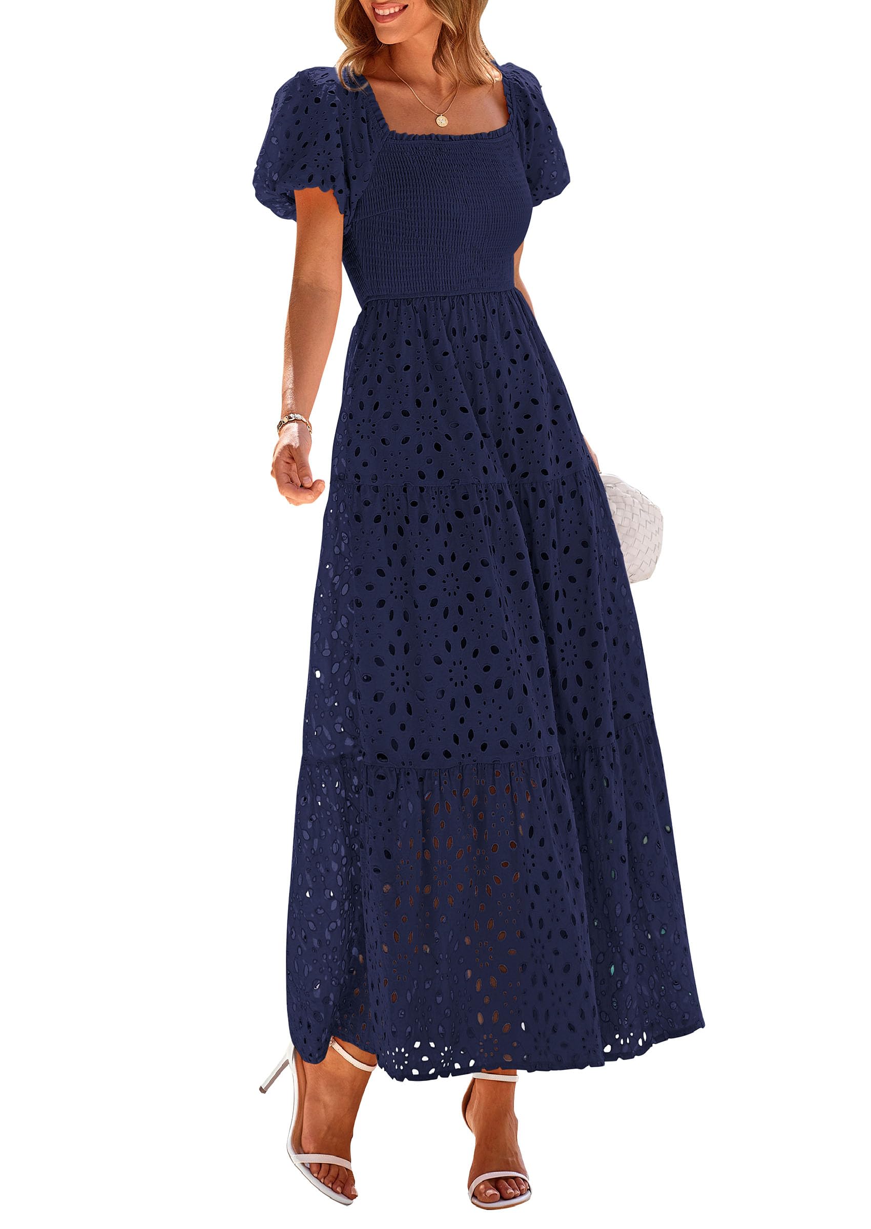 PRETTYGARDEN Summer Dresses for Women Eyelet Square Neck Puff Sleeve Smocked Wedding Guest Maxi Dress with Pockets