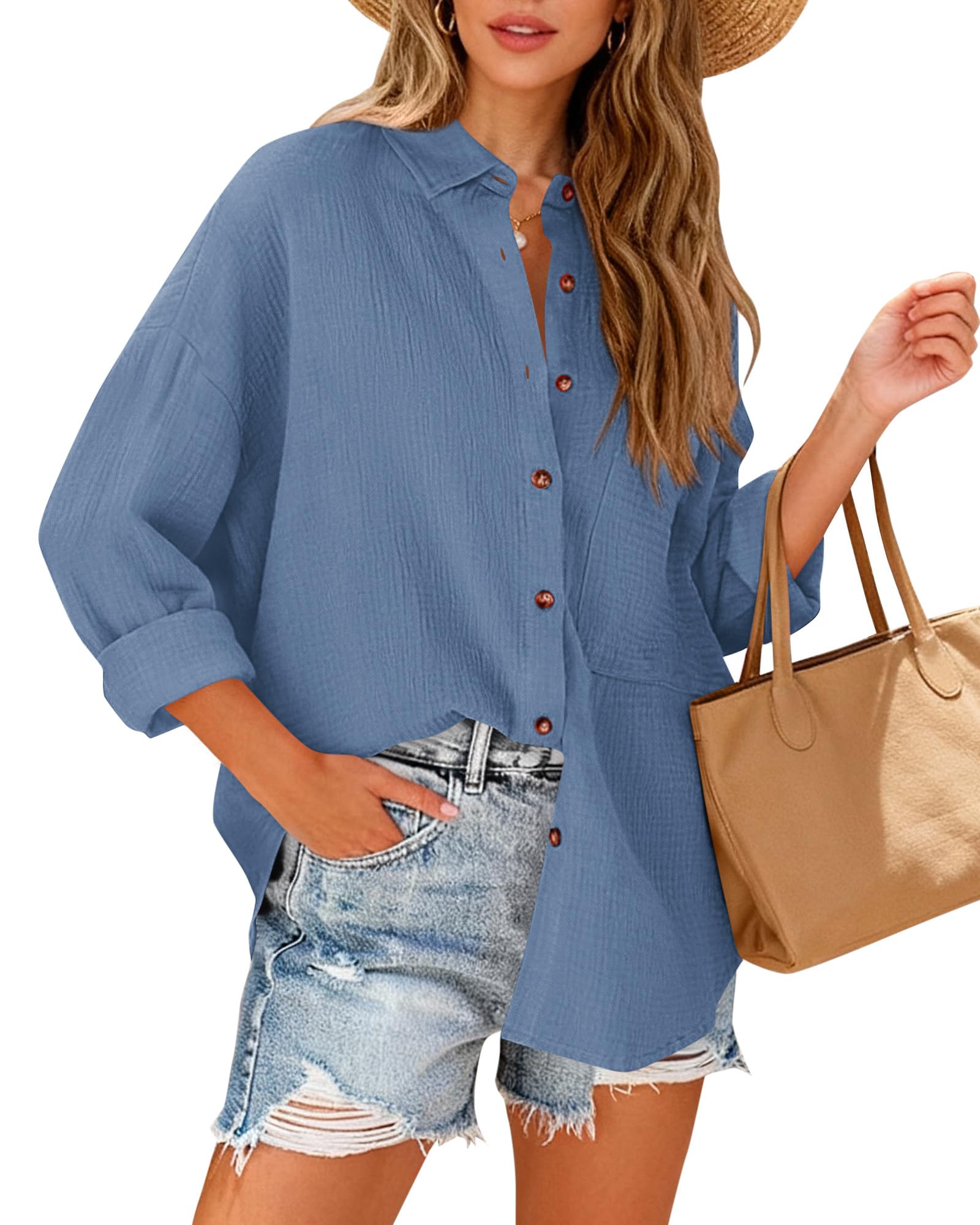 FreshPretty Casual Shirts for Women Long Sleeve Button Down Blouses Fall Solid Color Trendy Tops with Pocket
